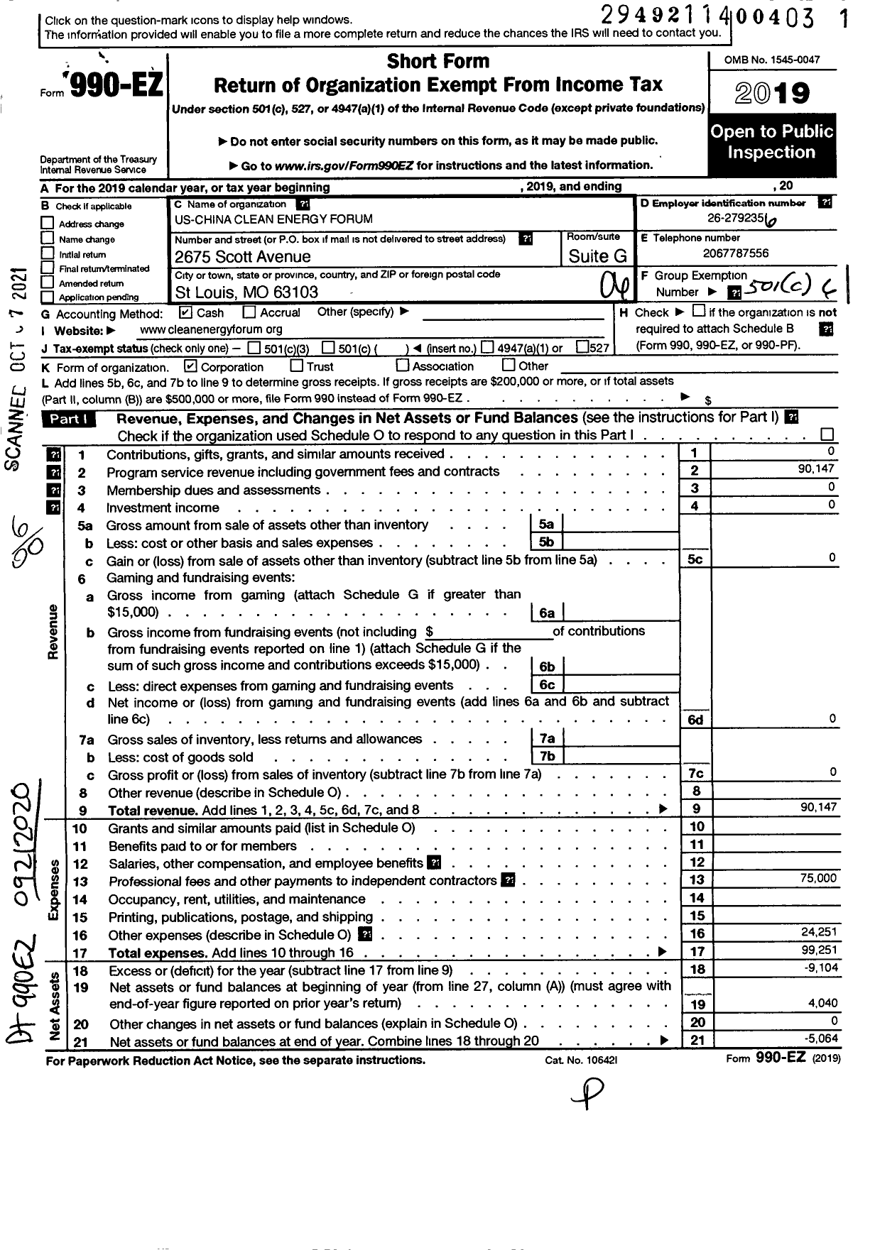 Image of first page of 2019 Form 990EO for US-China Clean Energy Forum