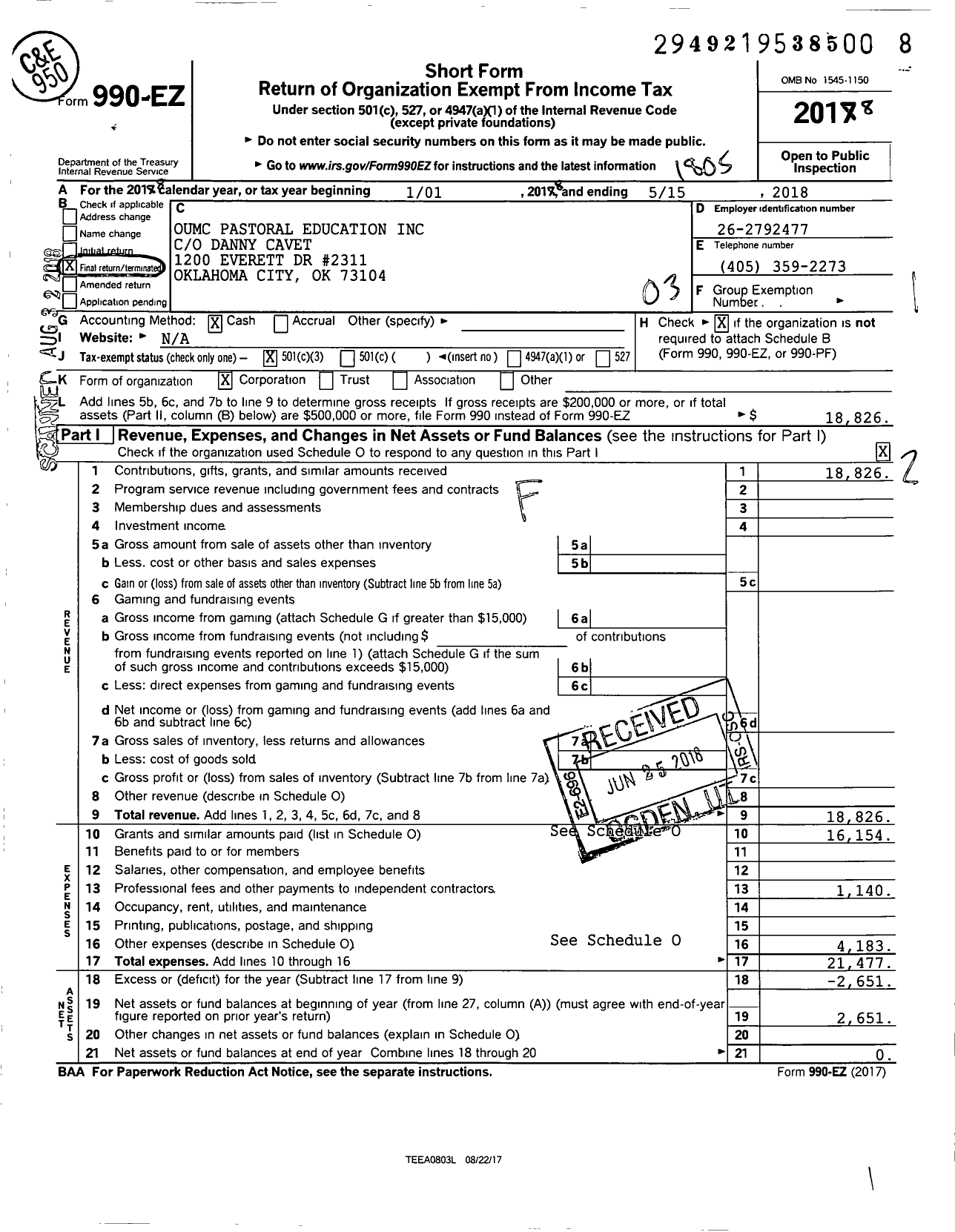 Image of first page of 2017 Form 990EZ for Oumc Pastoral Education