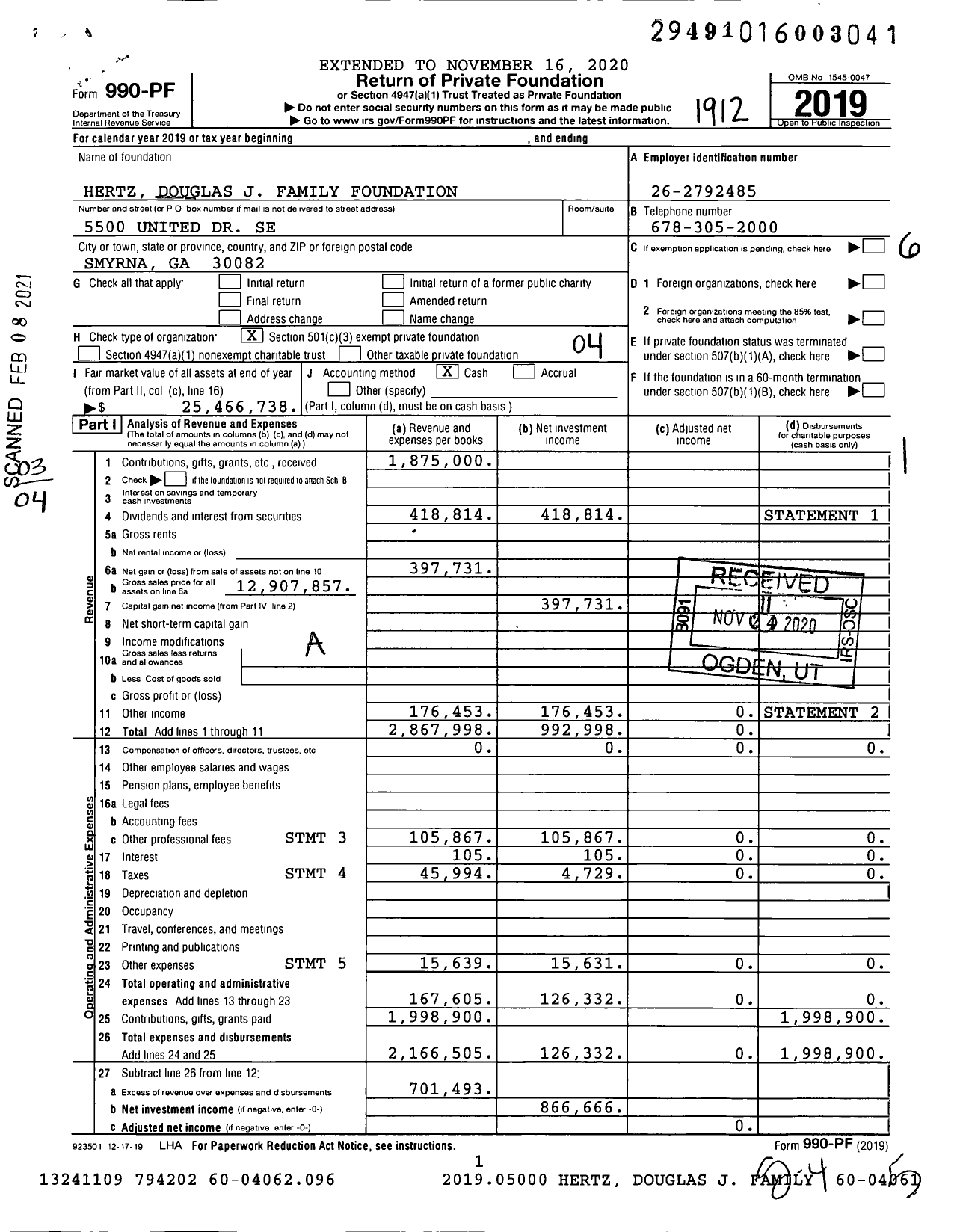 Image of first page of 2019 Form 990PF for Hertz Douglas J Family Foundation