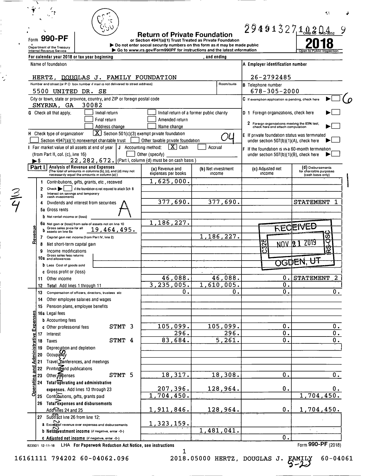 Image of first page of 2018 Form 990PF for Hertz Douglas J Family Foundation