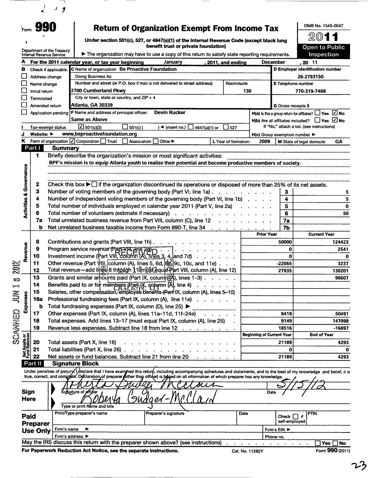 Image of first page of 2011 Form 990 for Be Proactive Foundation