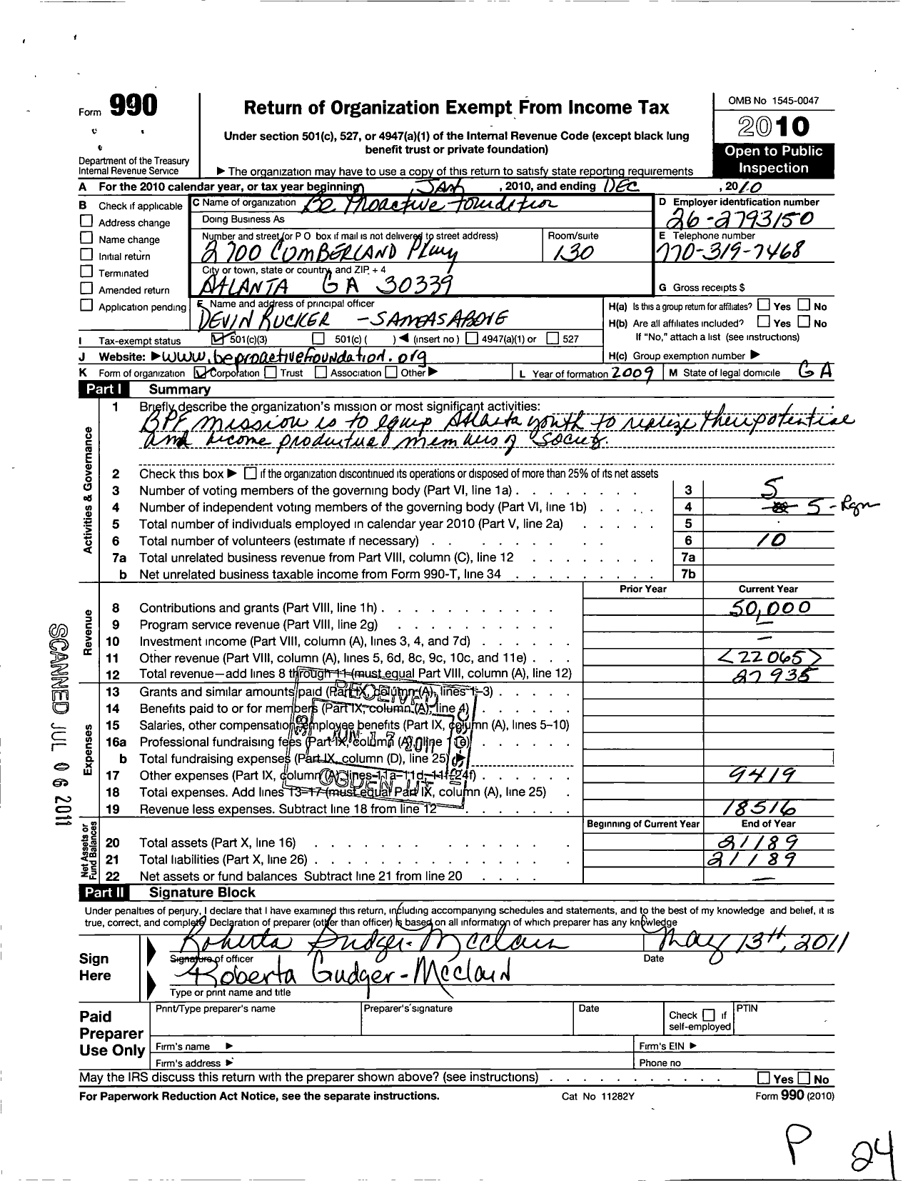 Image of first page of 2010 Form 990 for Be Proactive Foundation