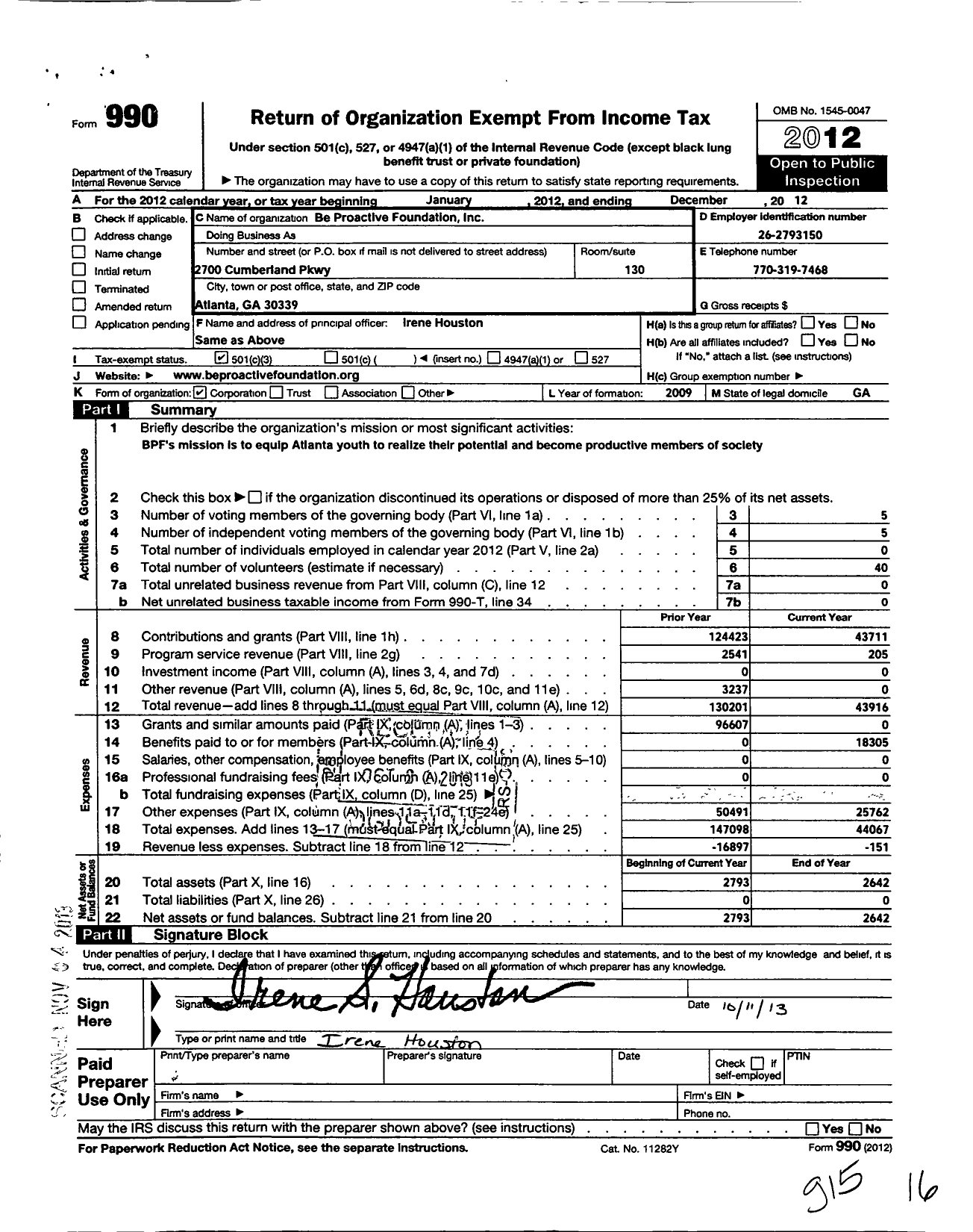 Image of first page of 2012 Form 990 for Be Proactive Foundation