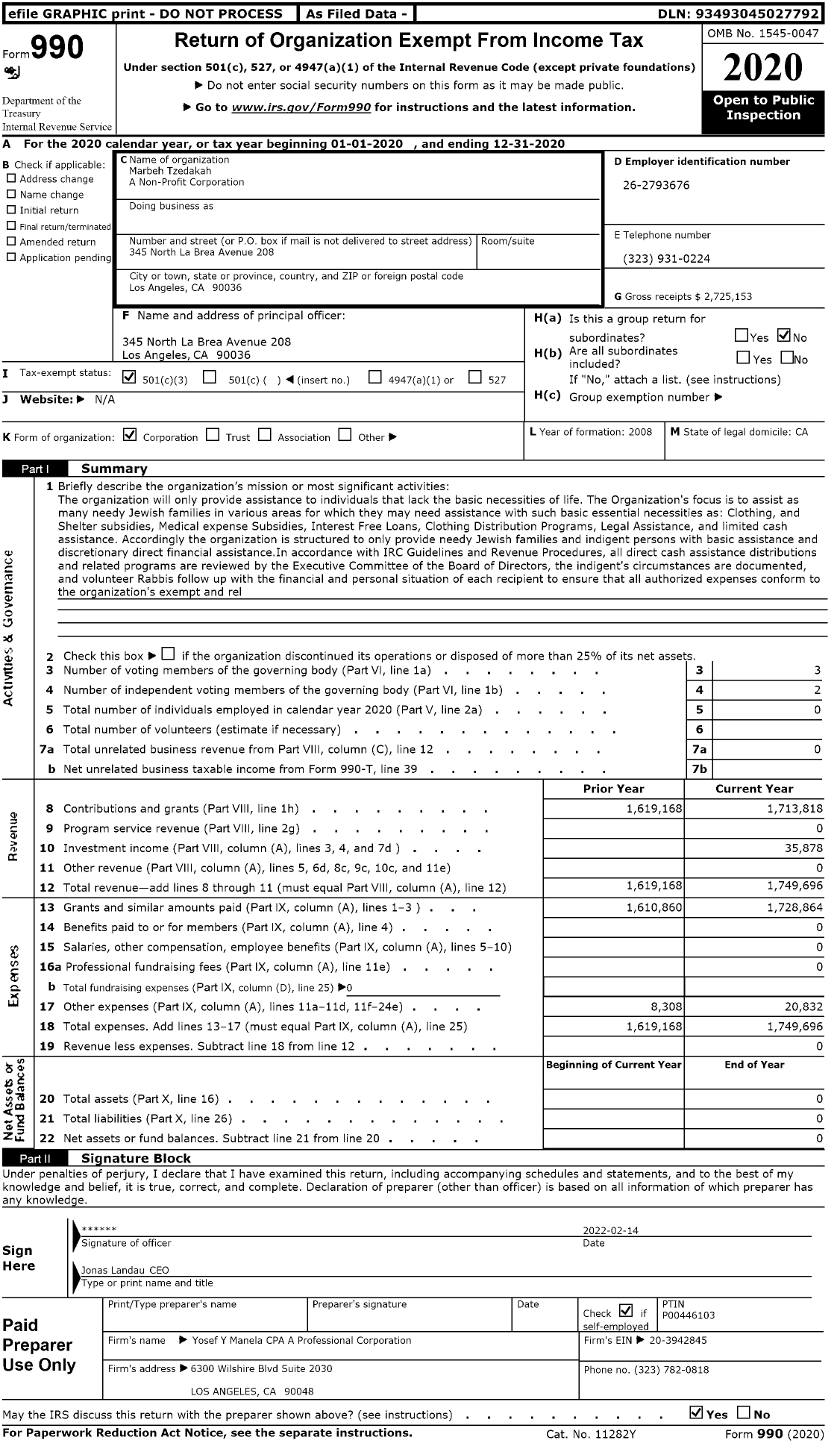 Image of first page of 2020 Form 990 for Marbeh Tzedakah