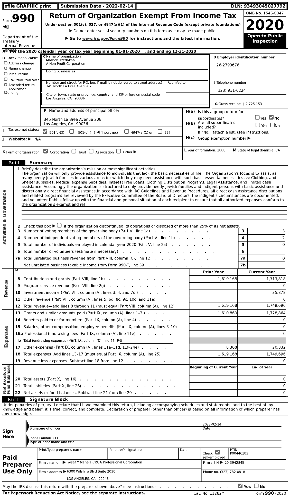 Image of first page of 2020 Form 990 for Marbeh Tzedakah