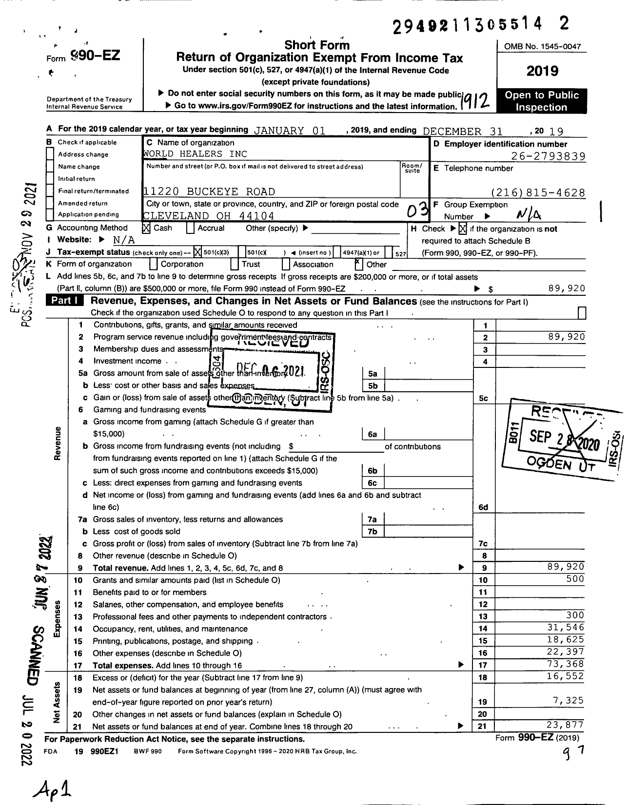 Image of first page of 2019 Form 990EZ for World Healers