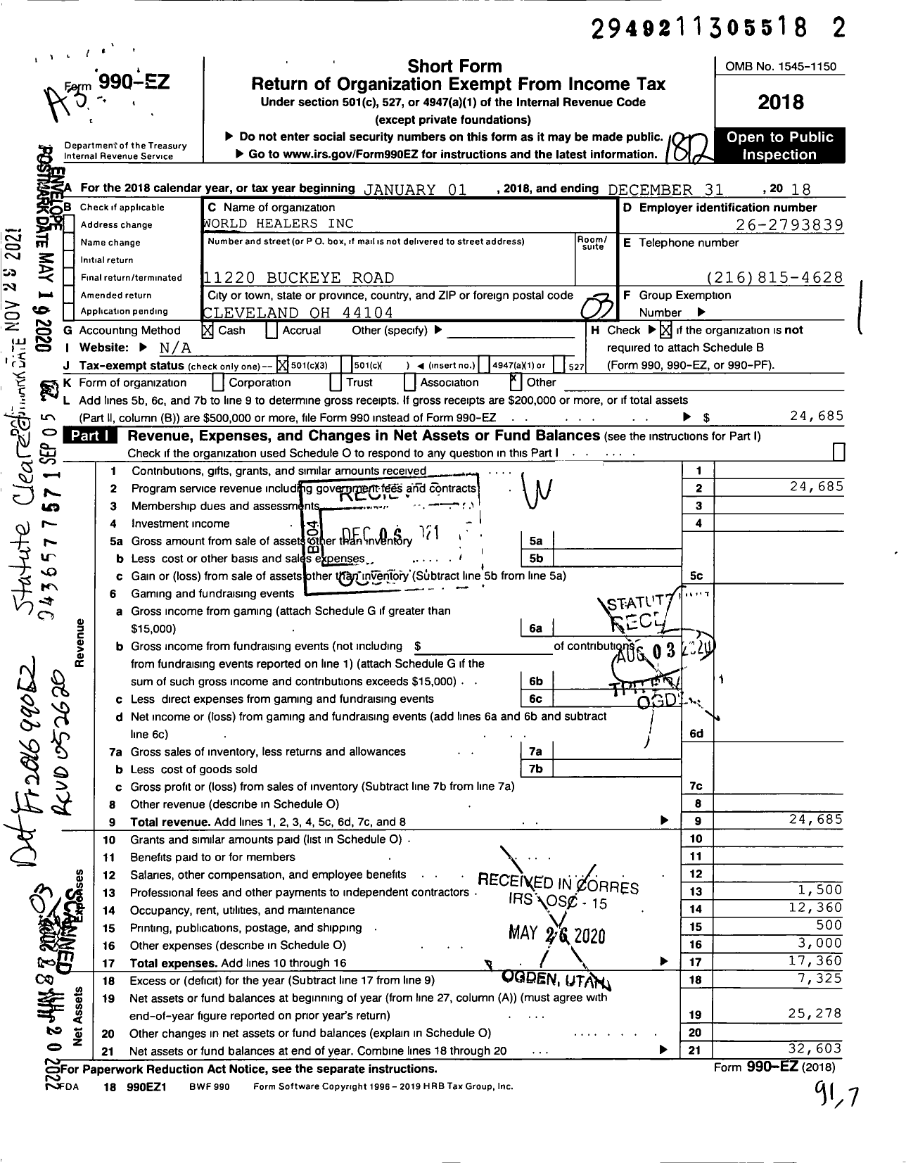 Image of first page of 2018 Form 990EZ for World Healers