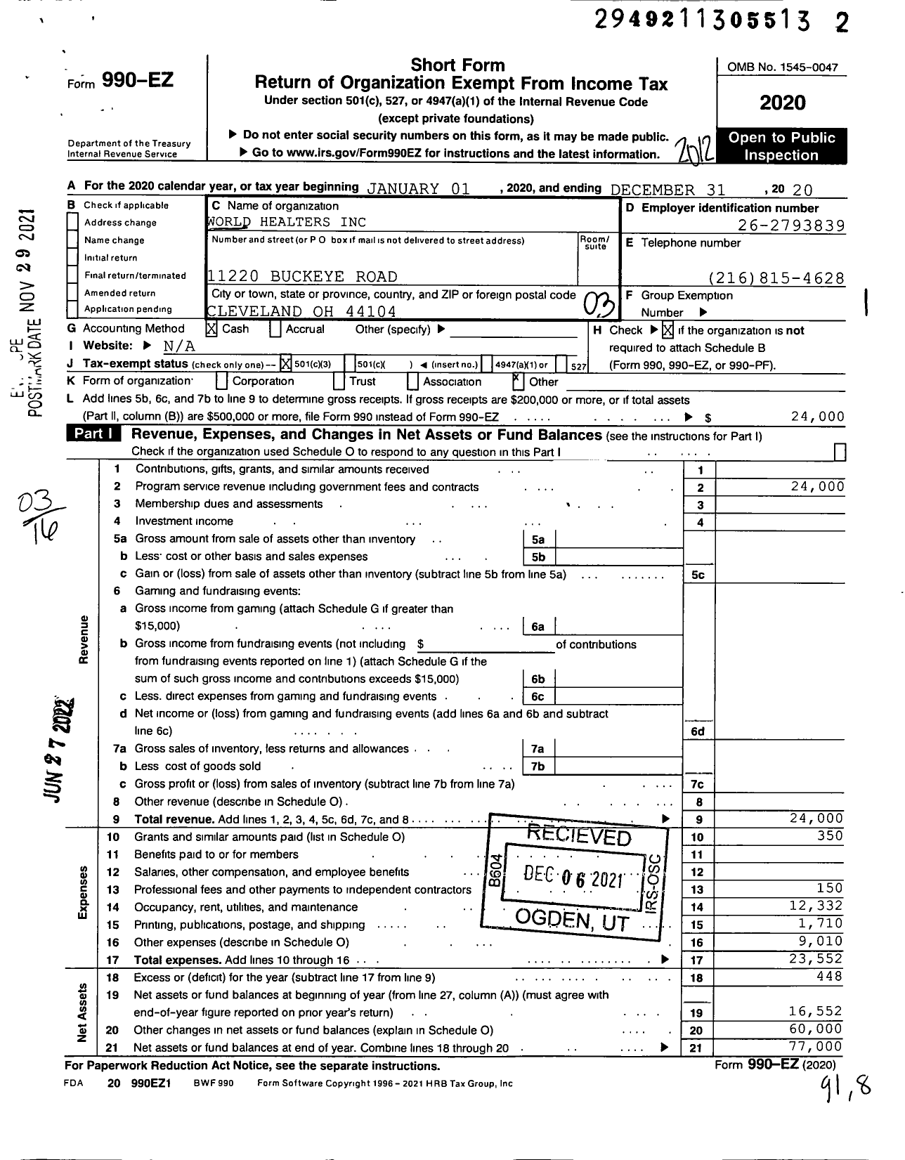 Image of first page of 2020 Form 990EZ for World Healers