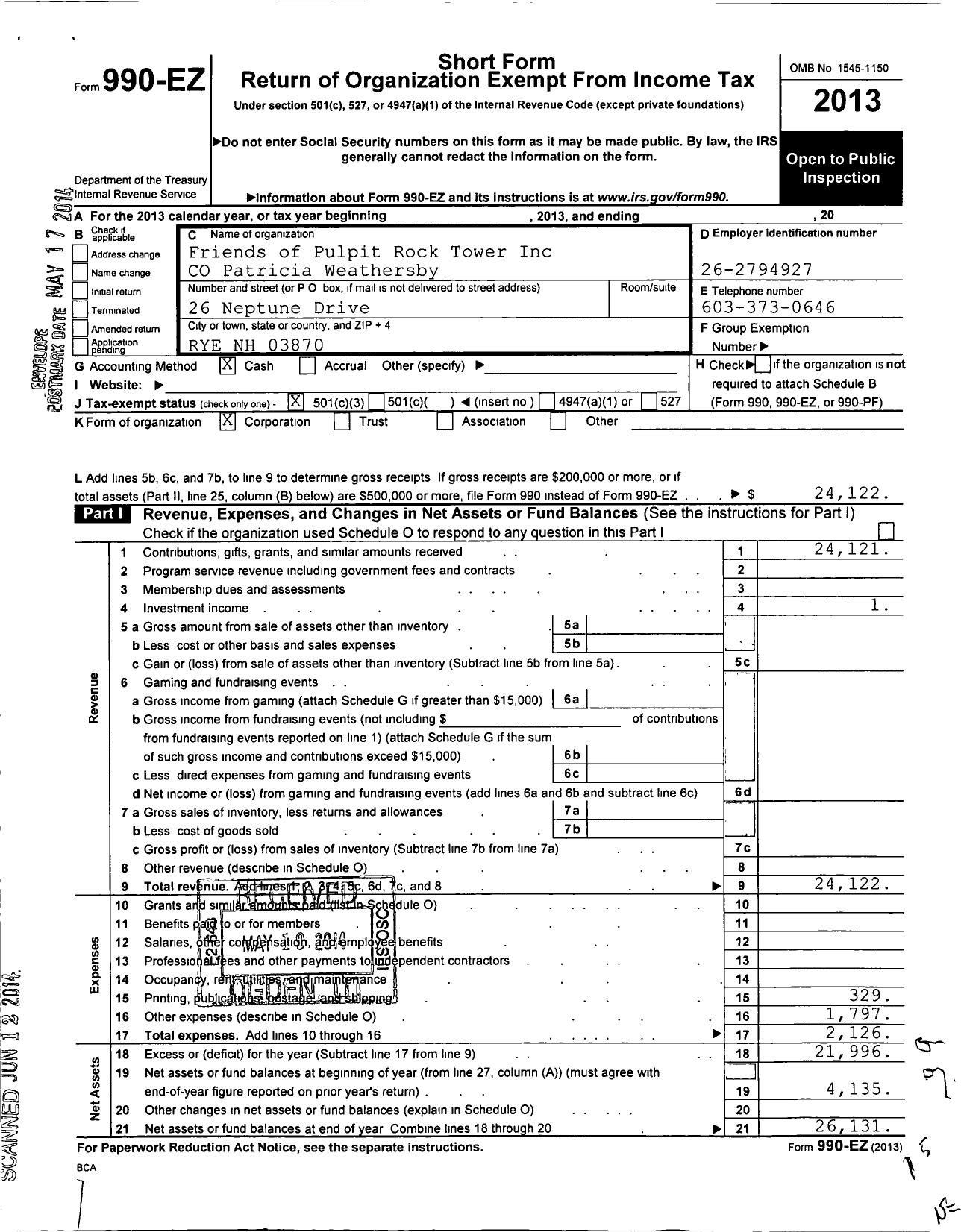 Image of first page of 2013 Form 990EZ for Friends of Pulpit Rock Tower