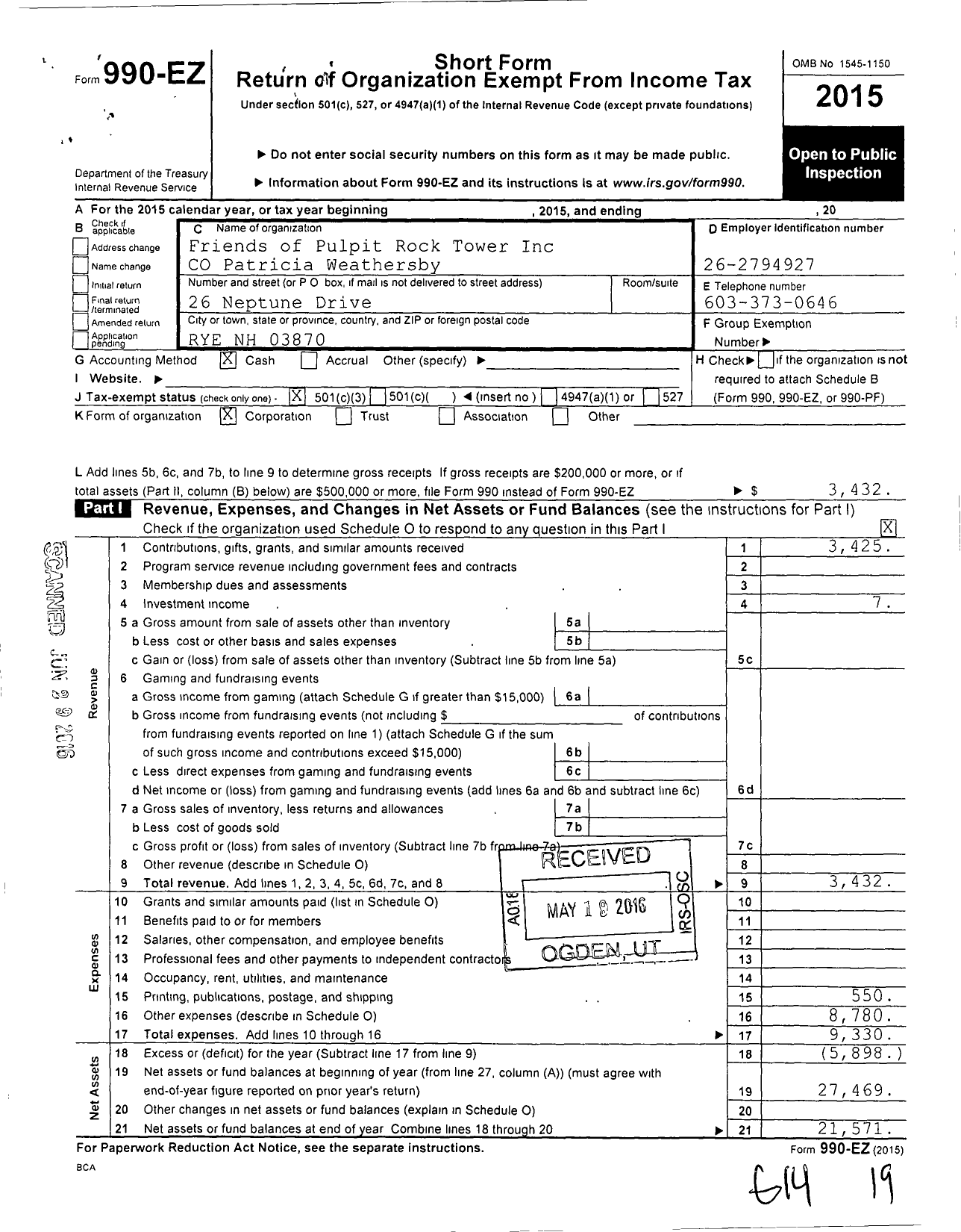 Image of first page of 2015 Form 990EZ for Friends of Pulpit Rock Tower