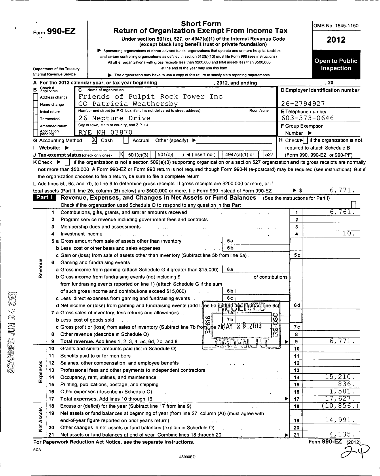 Image of first page of 2012 Form 990EZ for Friends of Pulpit Rock Tower