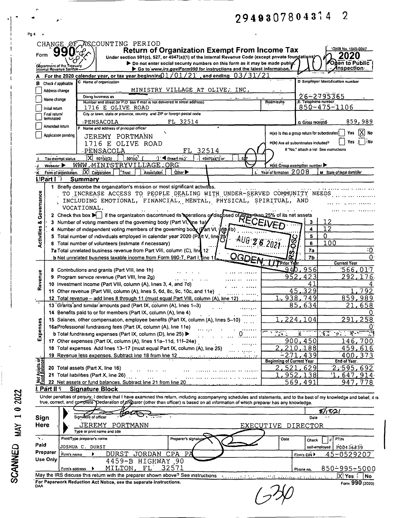 Image of first page of 2020 Form 990 for Ministry Village at Olive