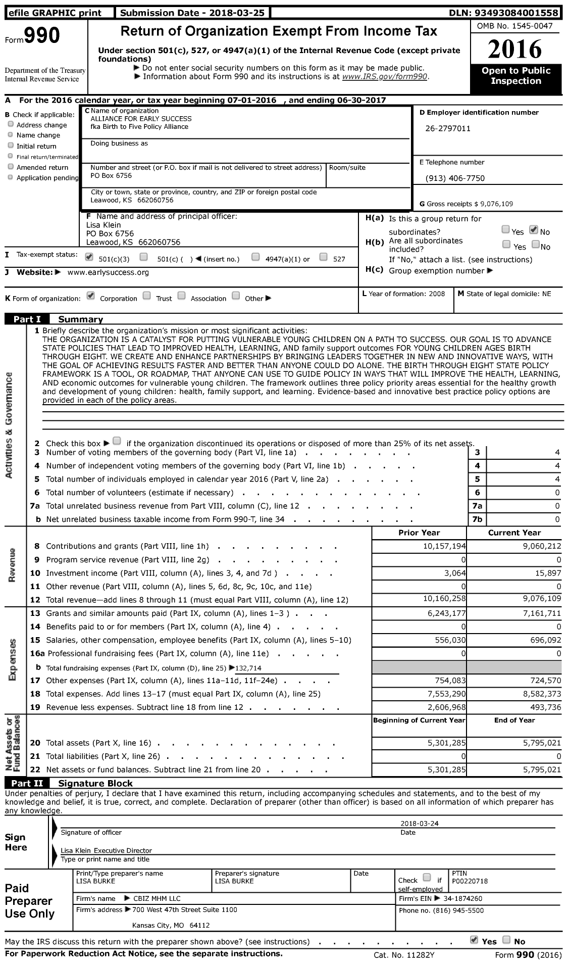 Image of first page of 2016 Form 990 for Alliance for Early Success