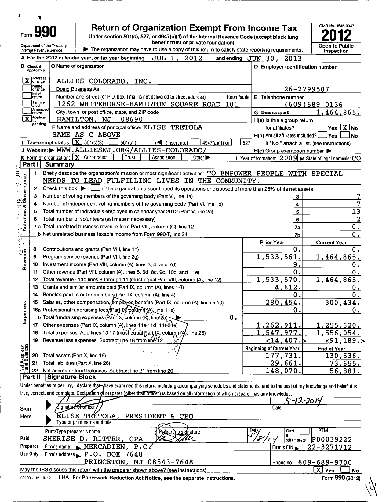 Image of first page of 2012 Form 990 for Allies Colorado