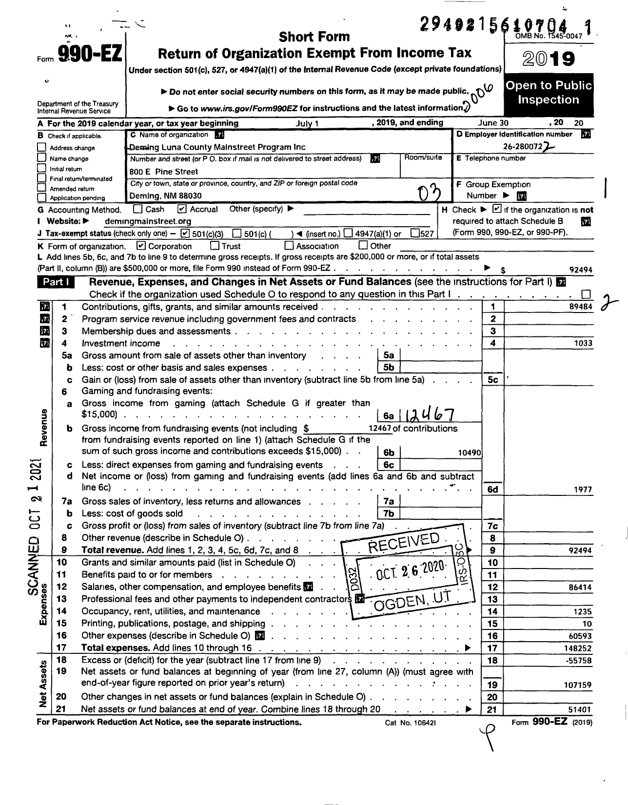 Image of first page of 2019 Form 990EZ for Deming Luna County Maintreet Program