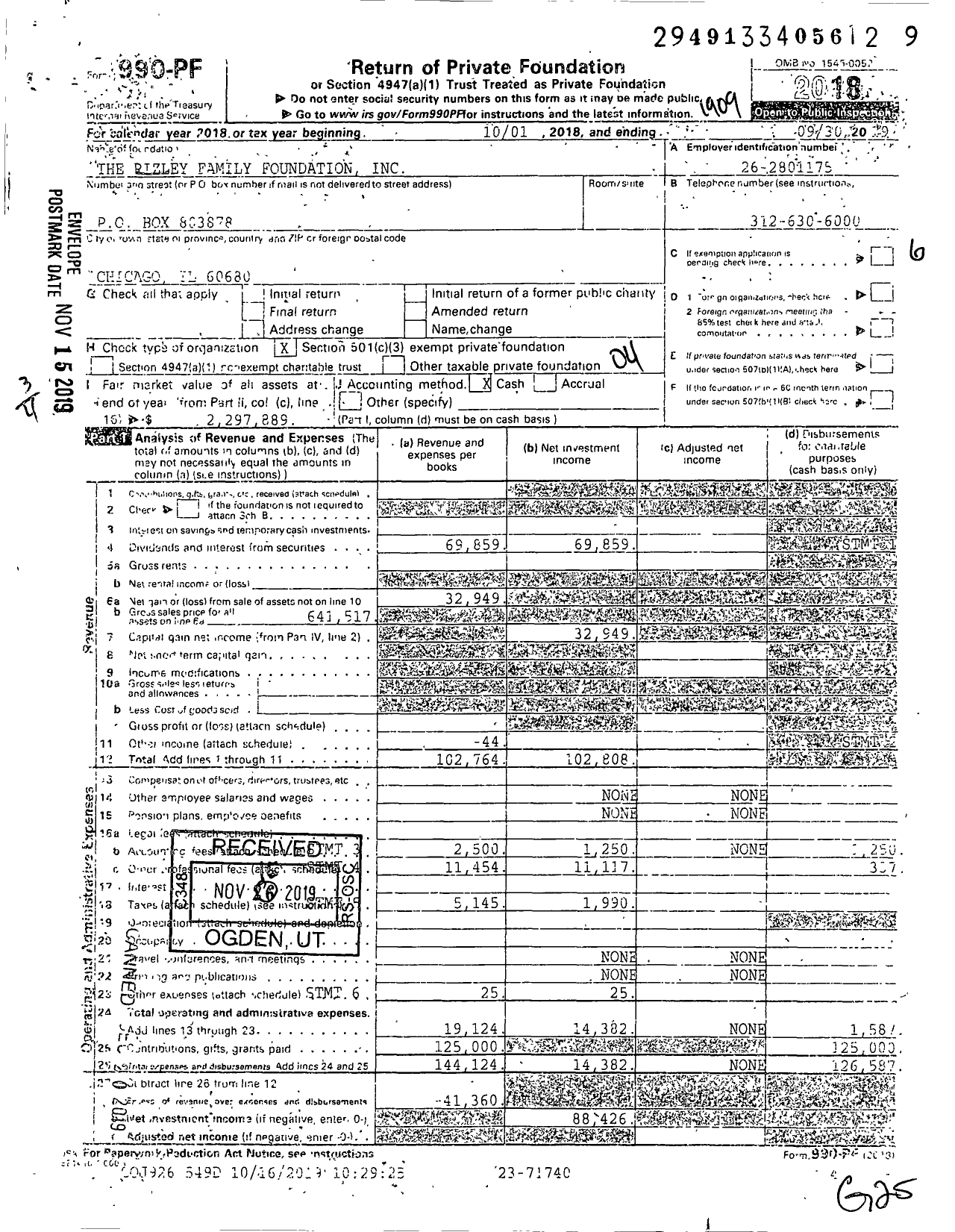 Image of first page of 2018 Form 990PF for The Rizley Family Foundation