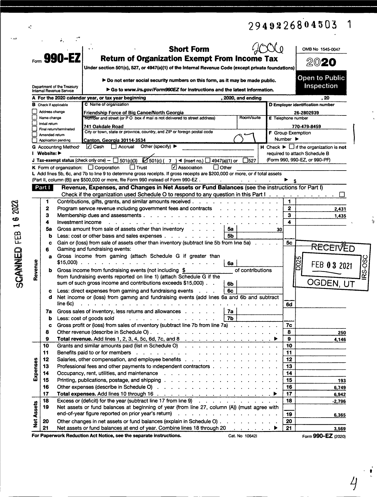 Image of first page of 2019 Form 990EO for Friendship Force of Big Canoe-North Georgia