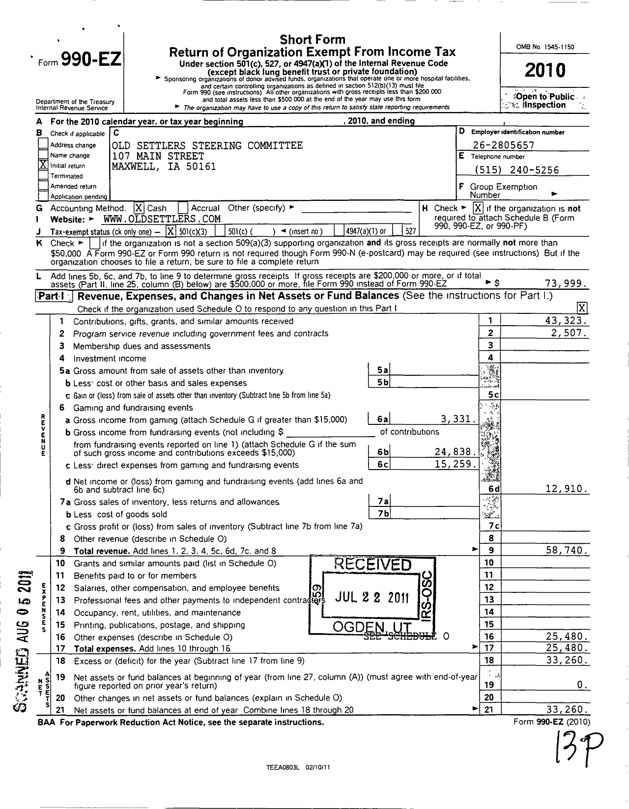 Image of first page of 2010 Form 990EZ for Old Settlers Steering Committee