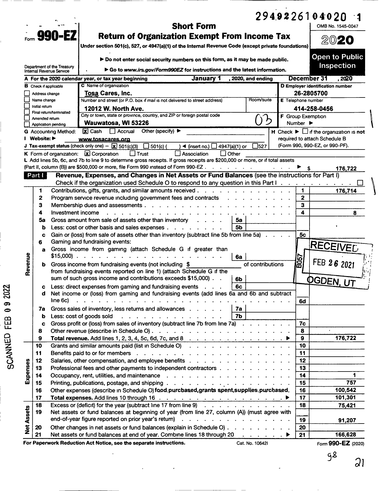 Image of first page of 2020 Form 990EZ for Tosa Cares