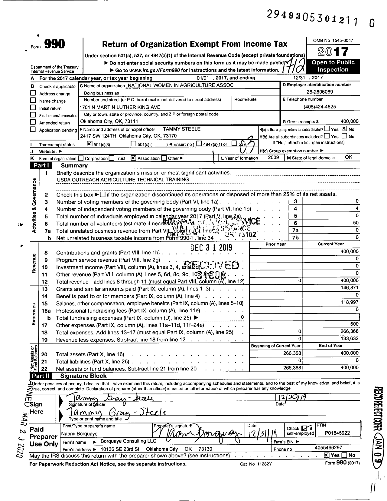 Image of first page of 2017 Form 990 for Oklahoma Women in Agriculture Association