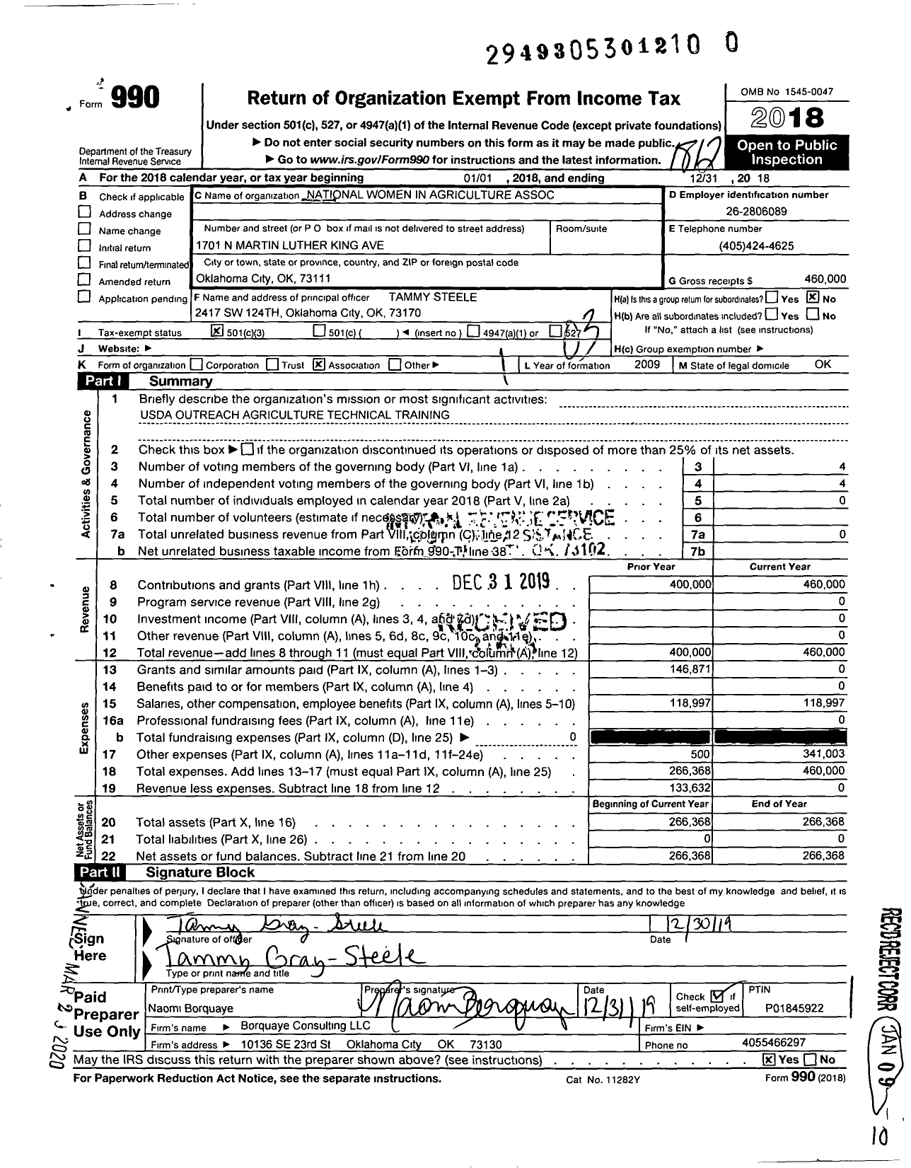 Image of first page of 2018 Form 990 for Oklahoma Women in Agriculture Association