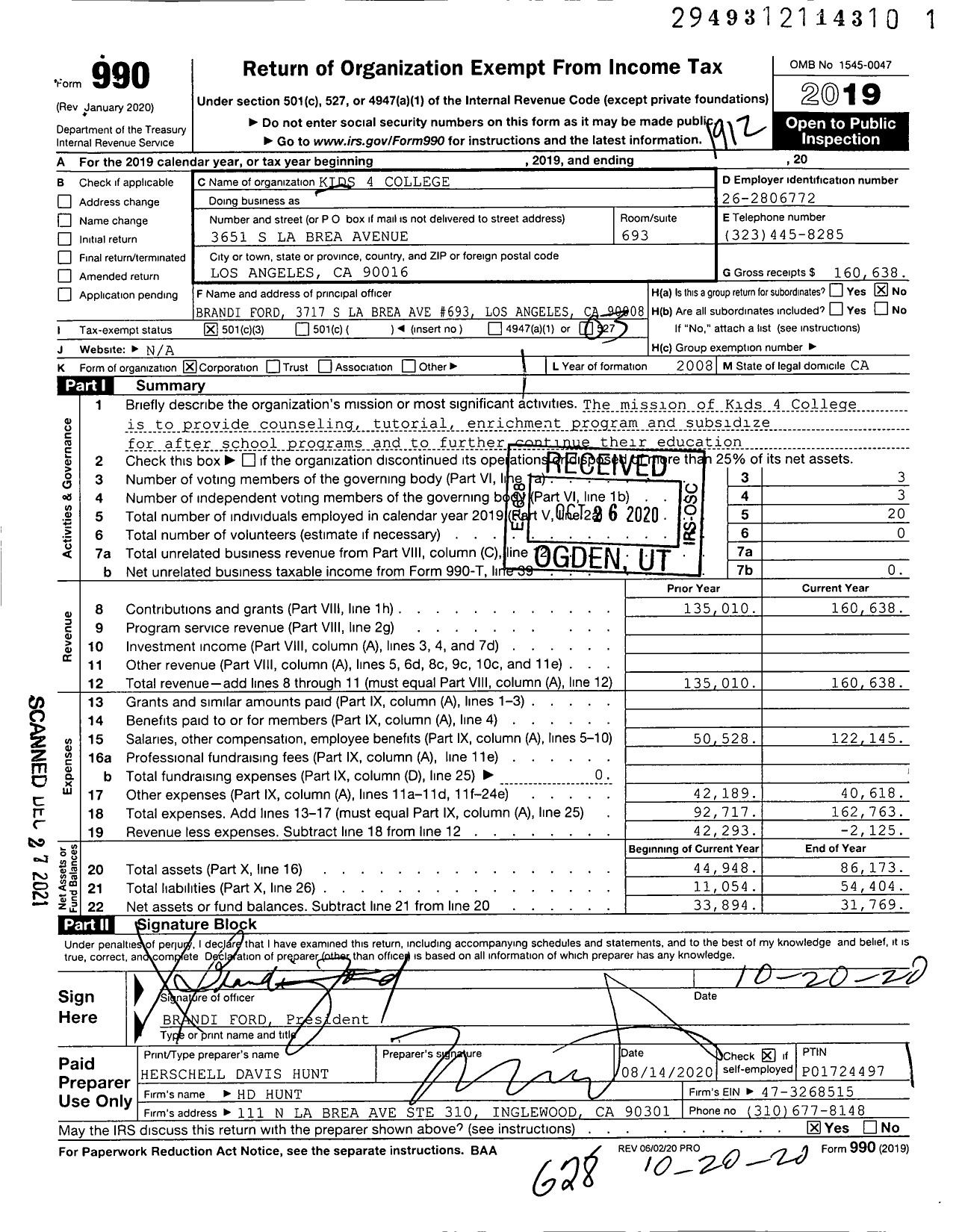 Image of first page of 2019 Form 990 for Kids 4 College