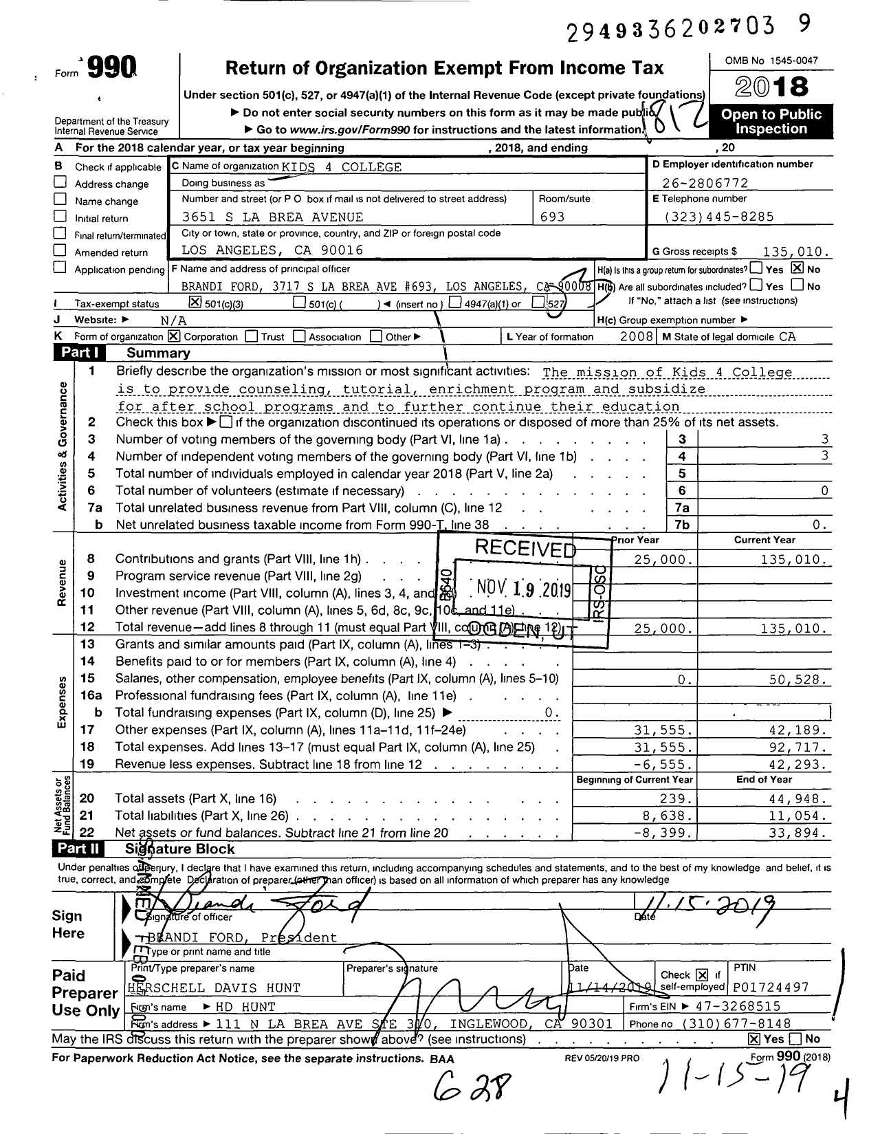 Image of first page of 2018 Form 990 for Kids 4 College