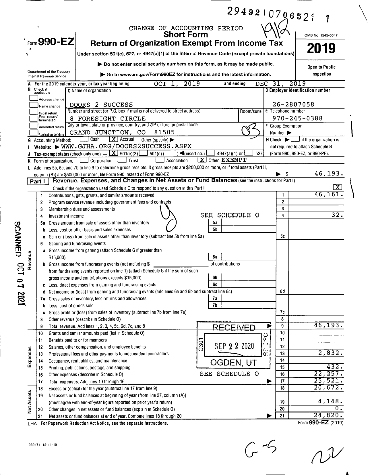 Image of first page of 2019 Form 990EZ for Doors 2 Success