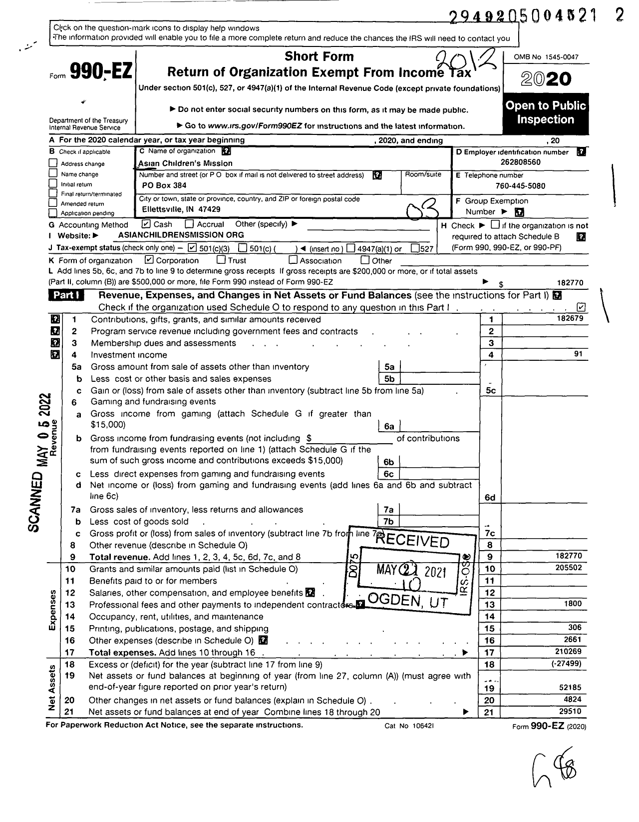 Image of first page of 2020 Form 990EZ for Asian Childrens Mission