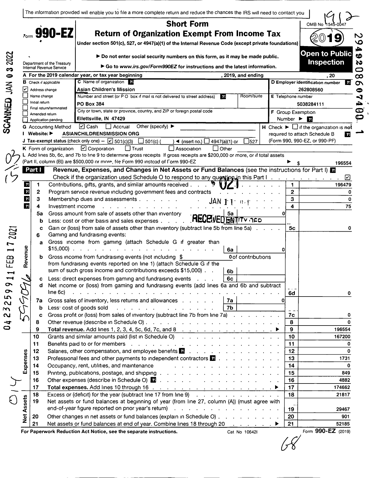 Image of first page of 2019 Form 990EZ for Asian Childrens Mission