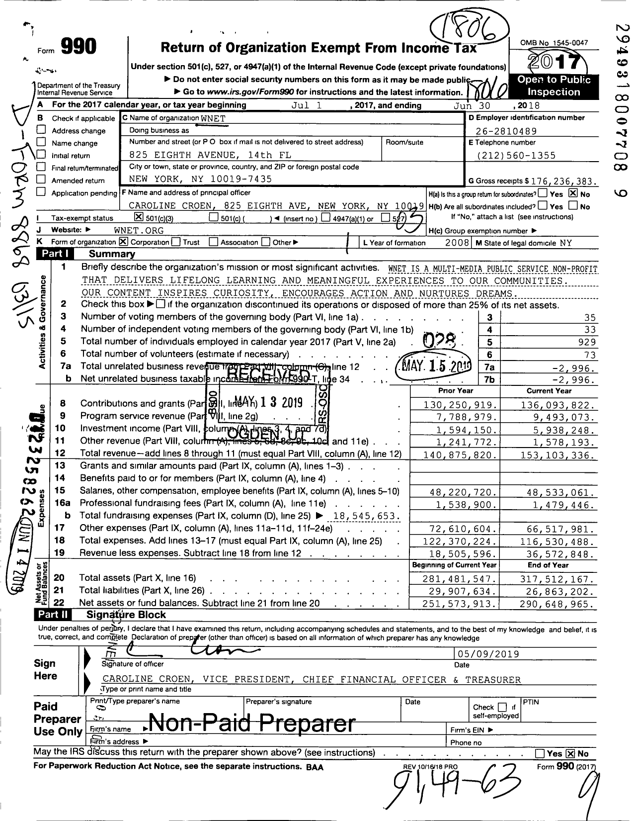 Image of first page of 2017 Form 990 for Wnet