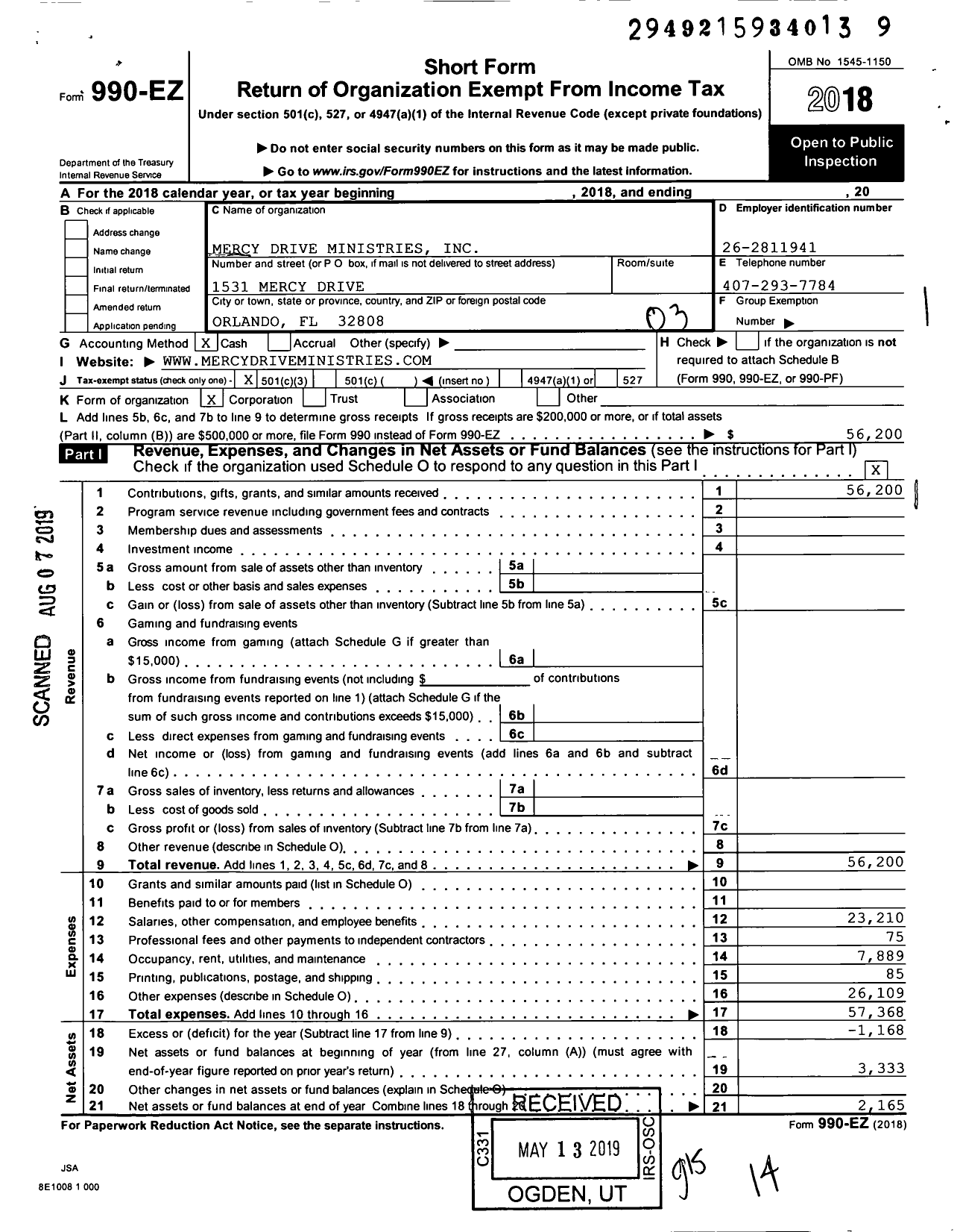 Image of first page of 2018 Form 990EZ for Mercy Drive Ministries