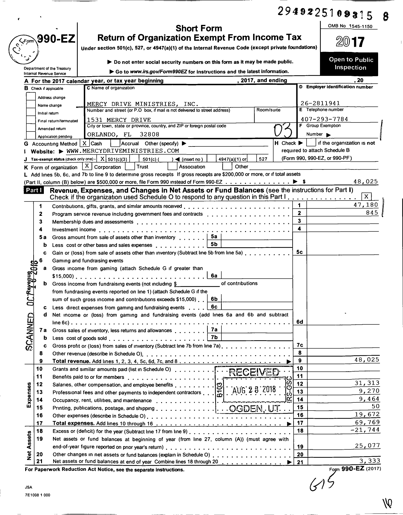 Image of first page of 2017 Form 990EZ for Mercy Drive Ministries