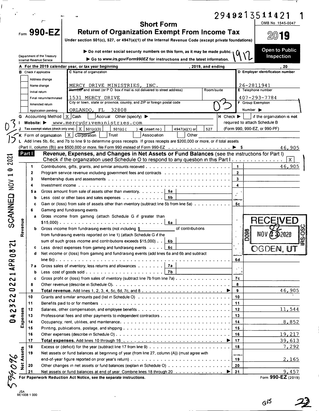 Image of first page of 2019 Form 990EZ for Mercy Drive Ministries