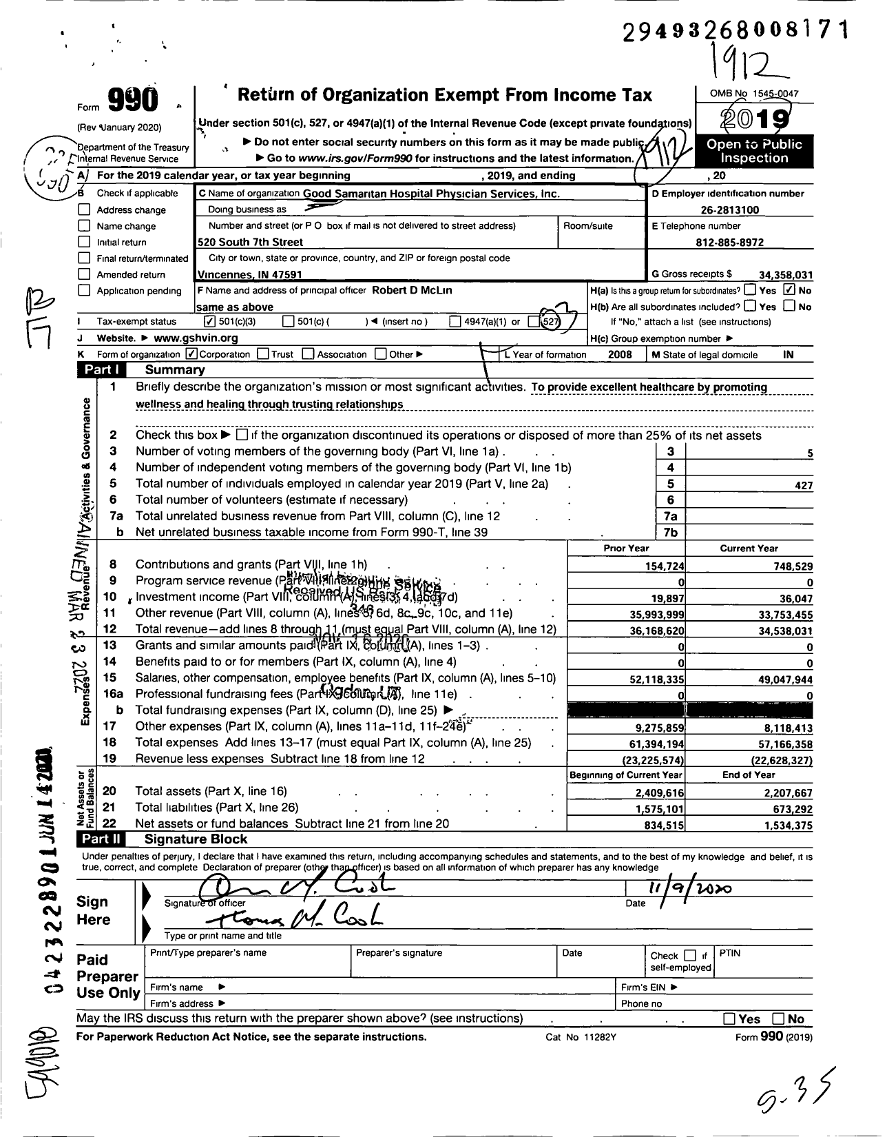 Image of first page of 2019 Form 990 for Good Samaritan Hospital Physician Services