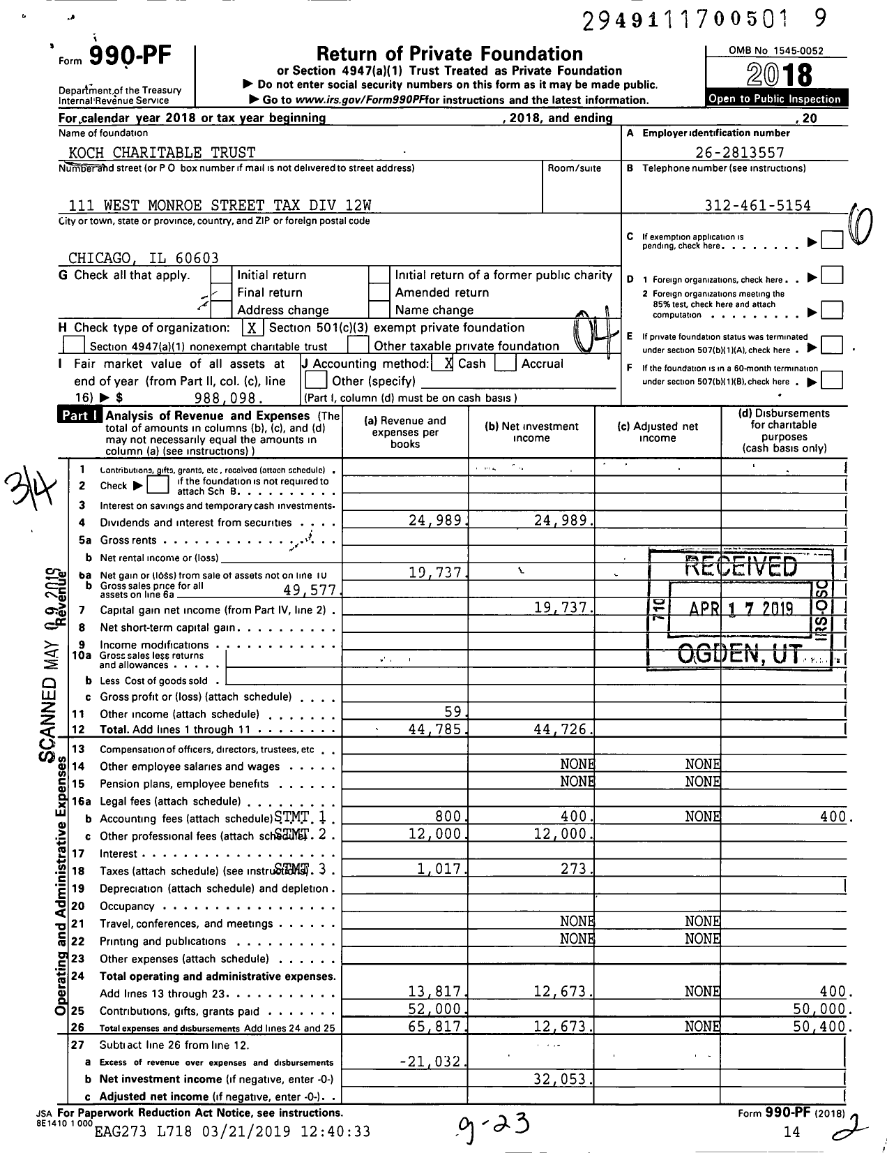 Image of first page of 2018 Form 990PF for Koch Charitable Trust