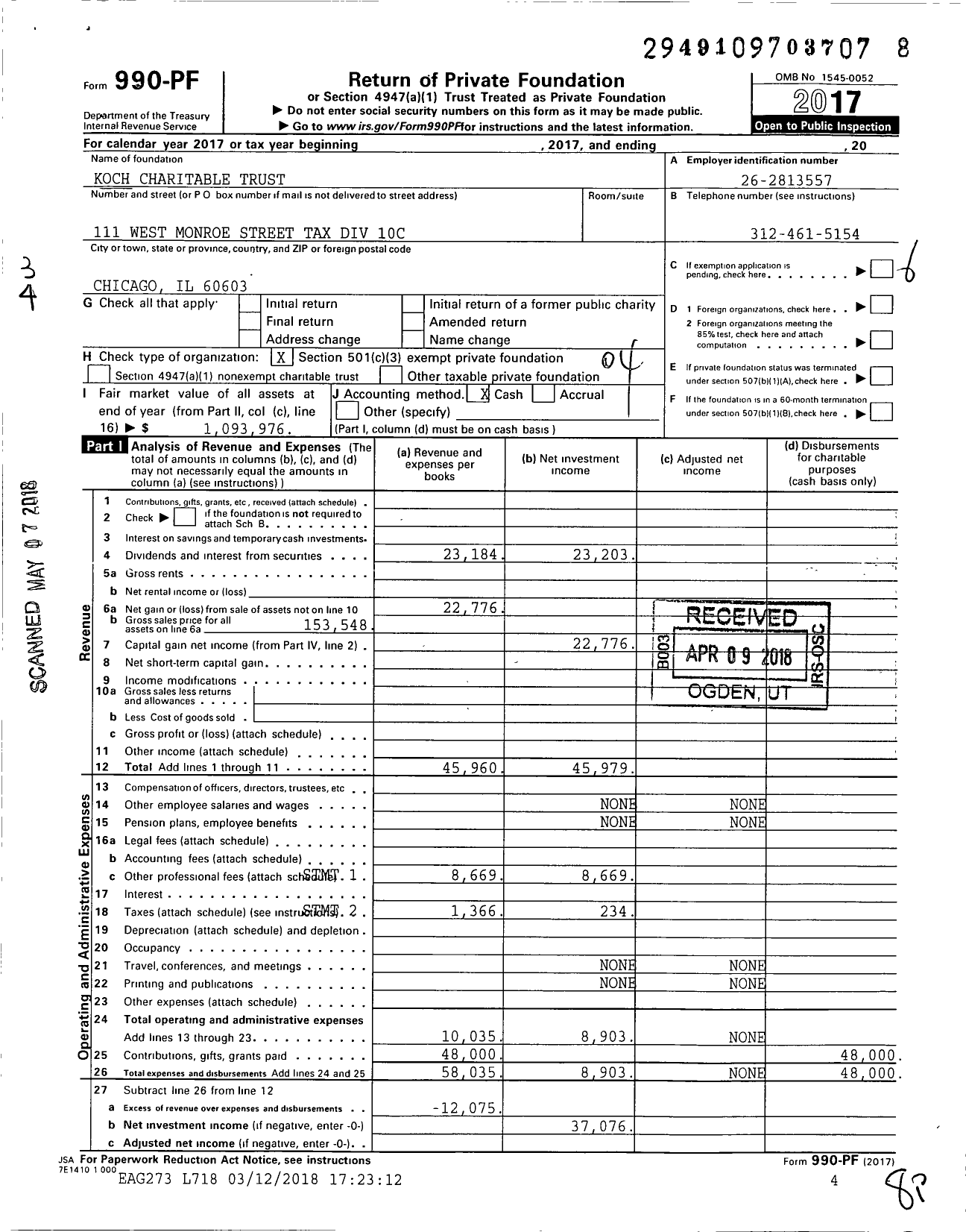 Image of first page of 2017 Form 990PF for Koch Charitable Trust