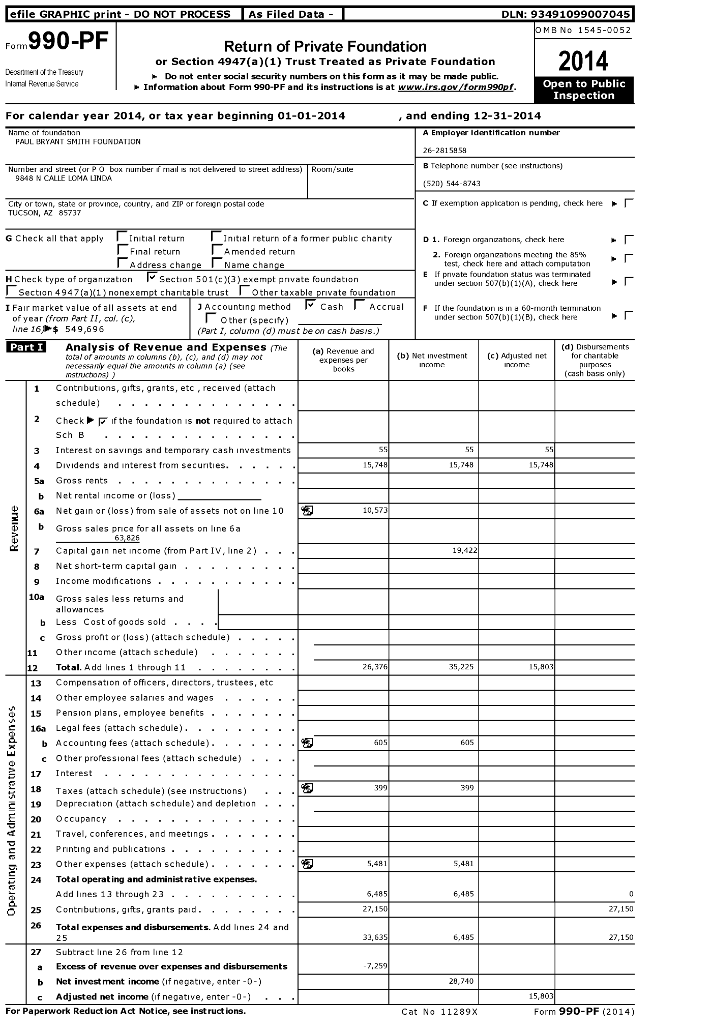 Image of first page of 2014 Form 990PF for Paul Bryant Smith Foundation