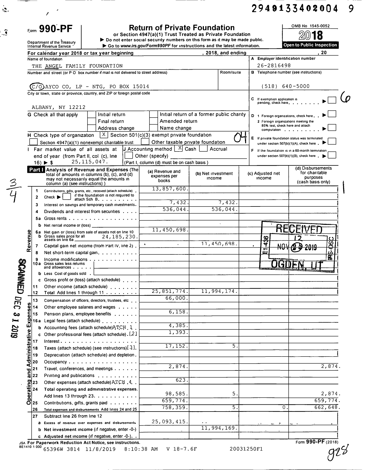 Image of first page of 2018 Form 990PF for The Angel Family Foundation