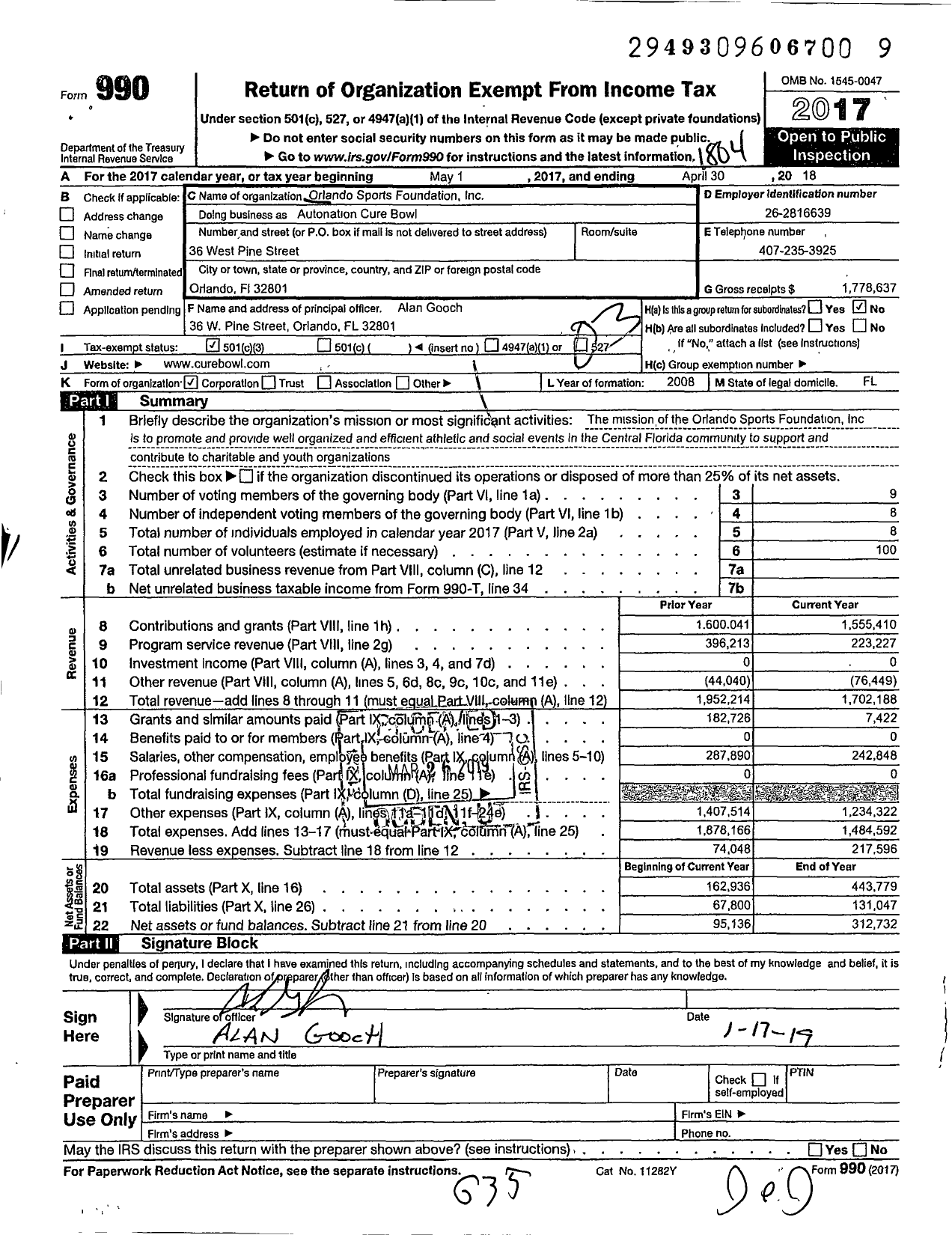 Image of first page of 2017 Form 990 for Autonation Cure Bowl