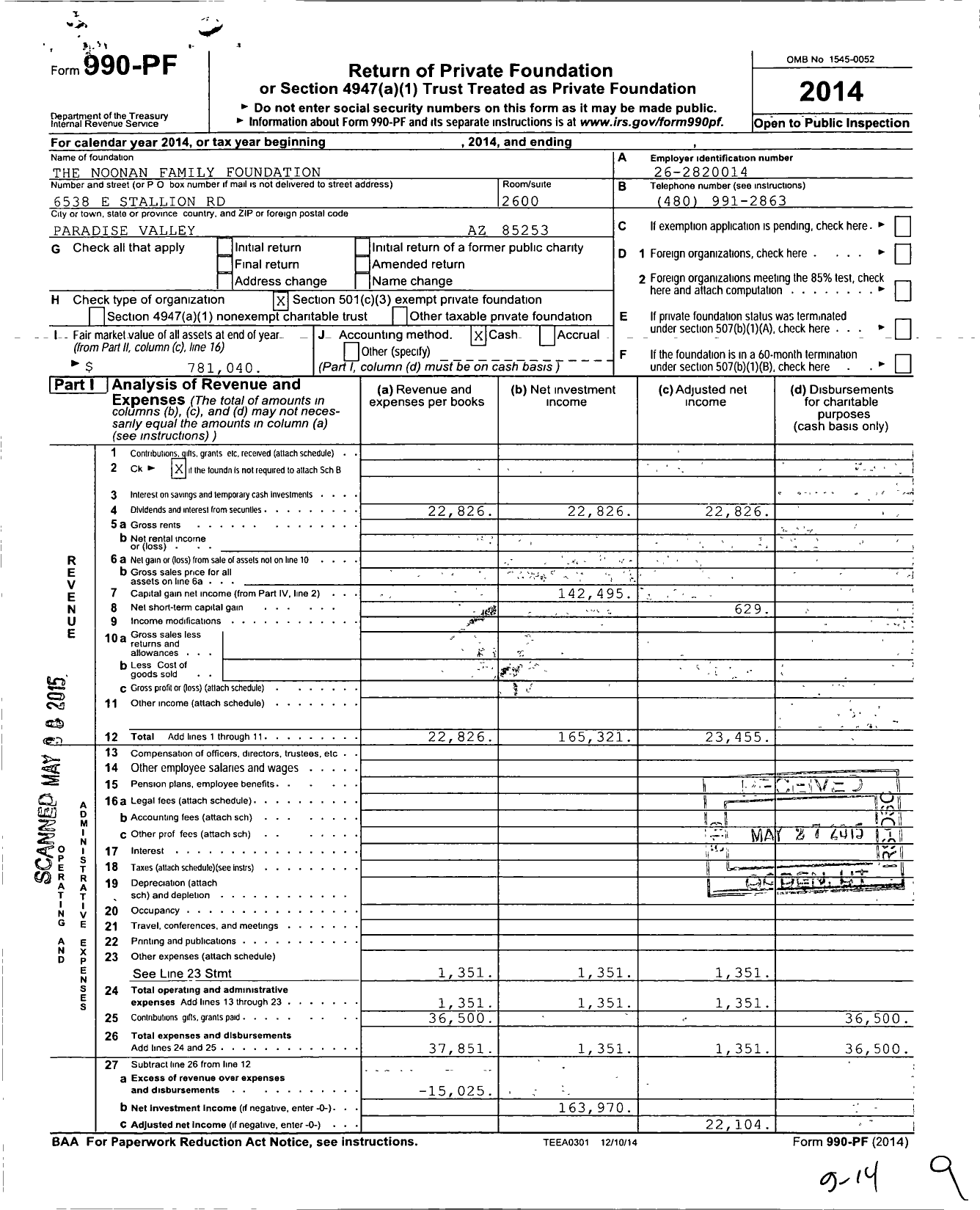 Image of first page of 2014 Form 990PF for The Noonan Family Foundation