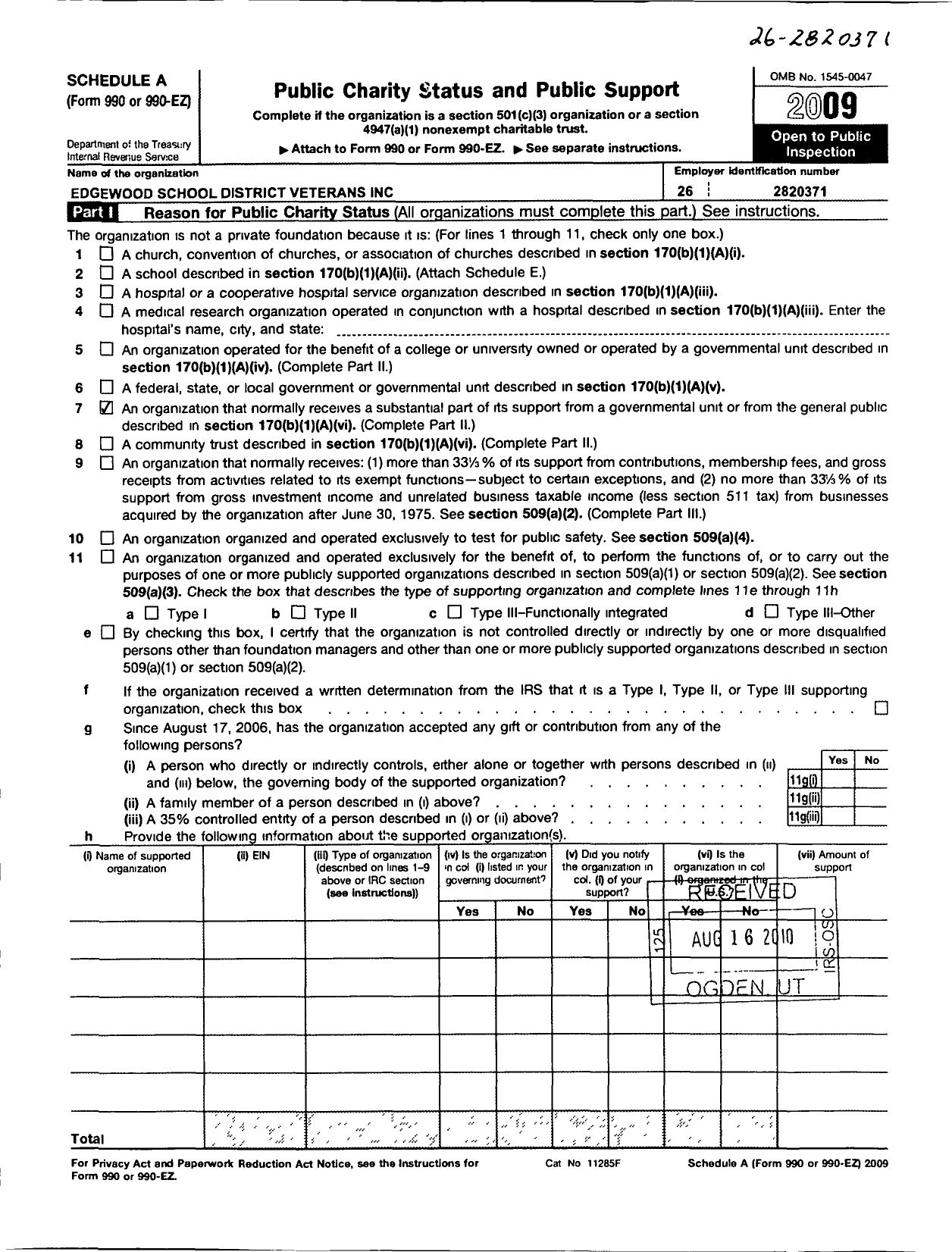 Image of first page of 2009 Form 990ER for Edgewood School District Veterans I