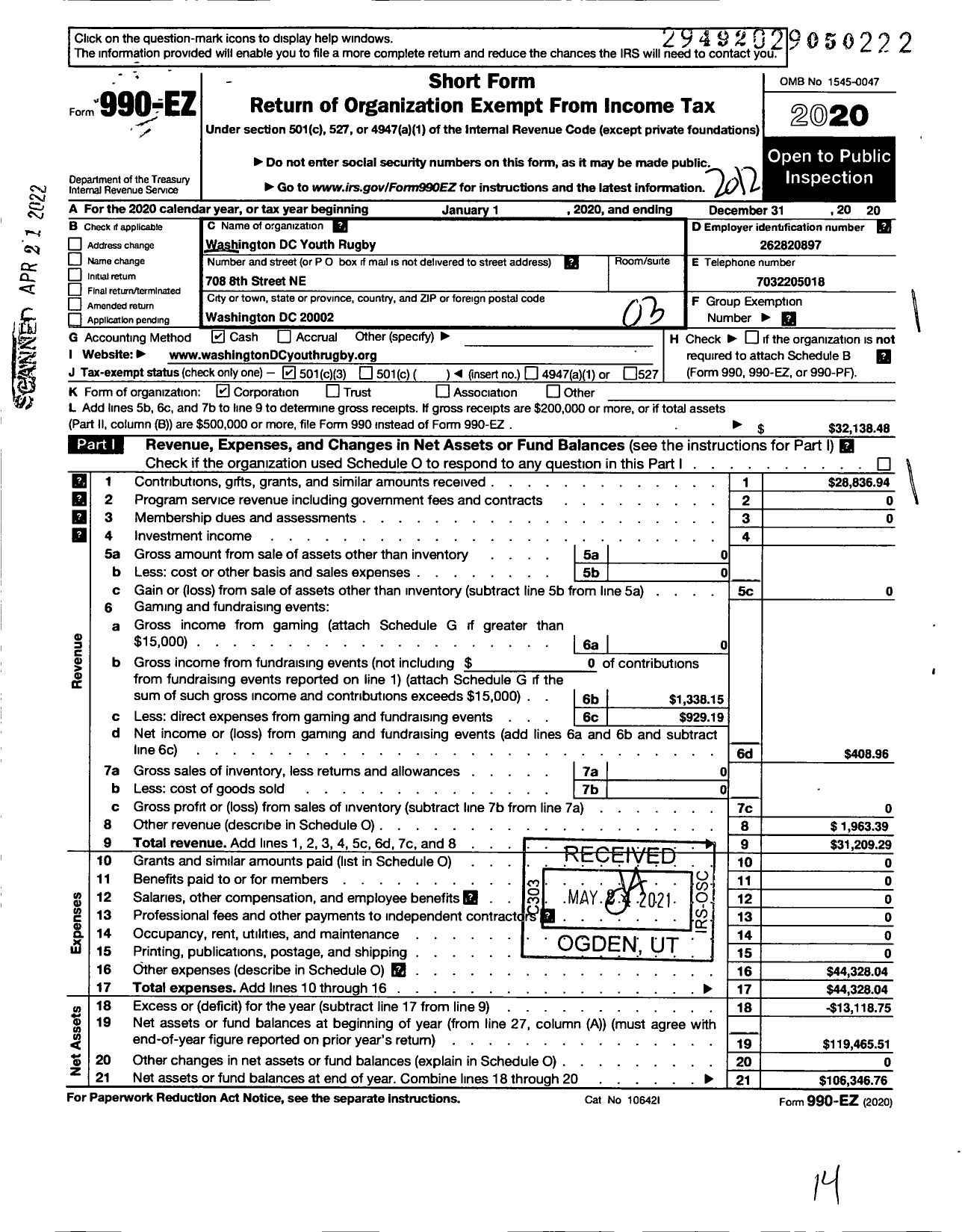 Image of first page of 2020 Form 990EZ for Washington DC Youth Rugby