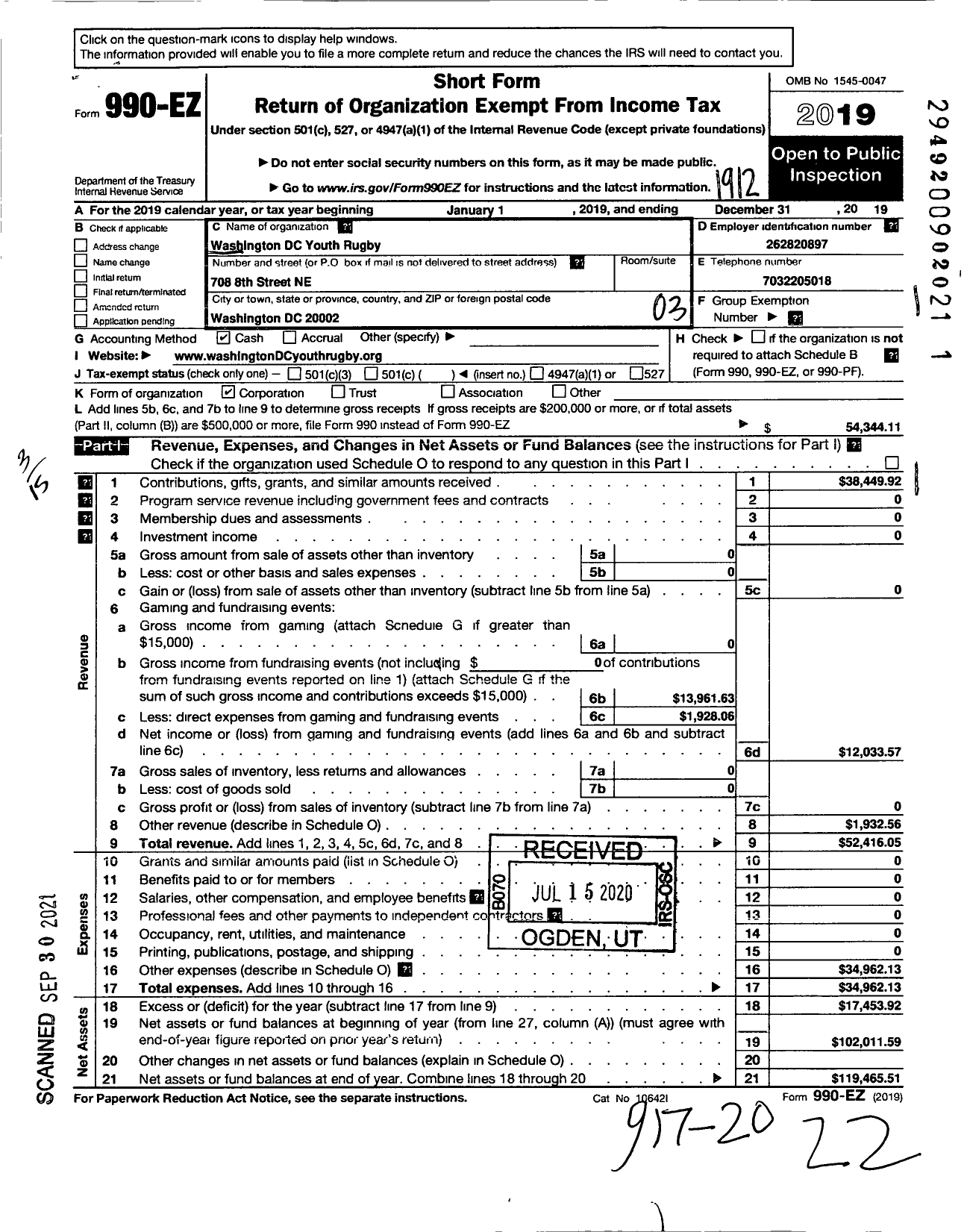 Image of first page of 2019 Form 990EZ for Washington DC Youth Rugby