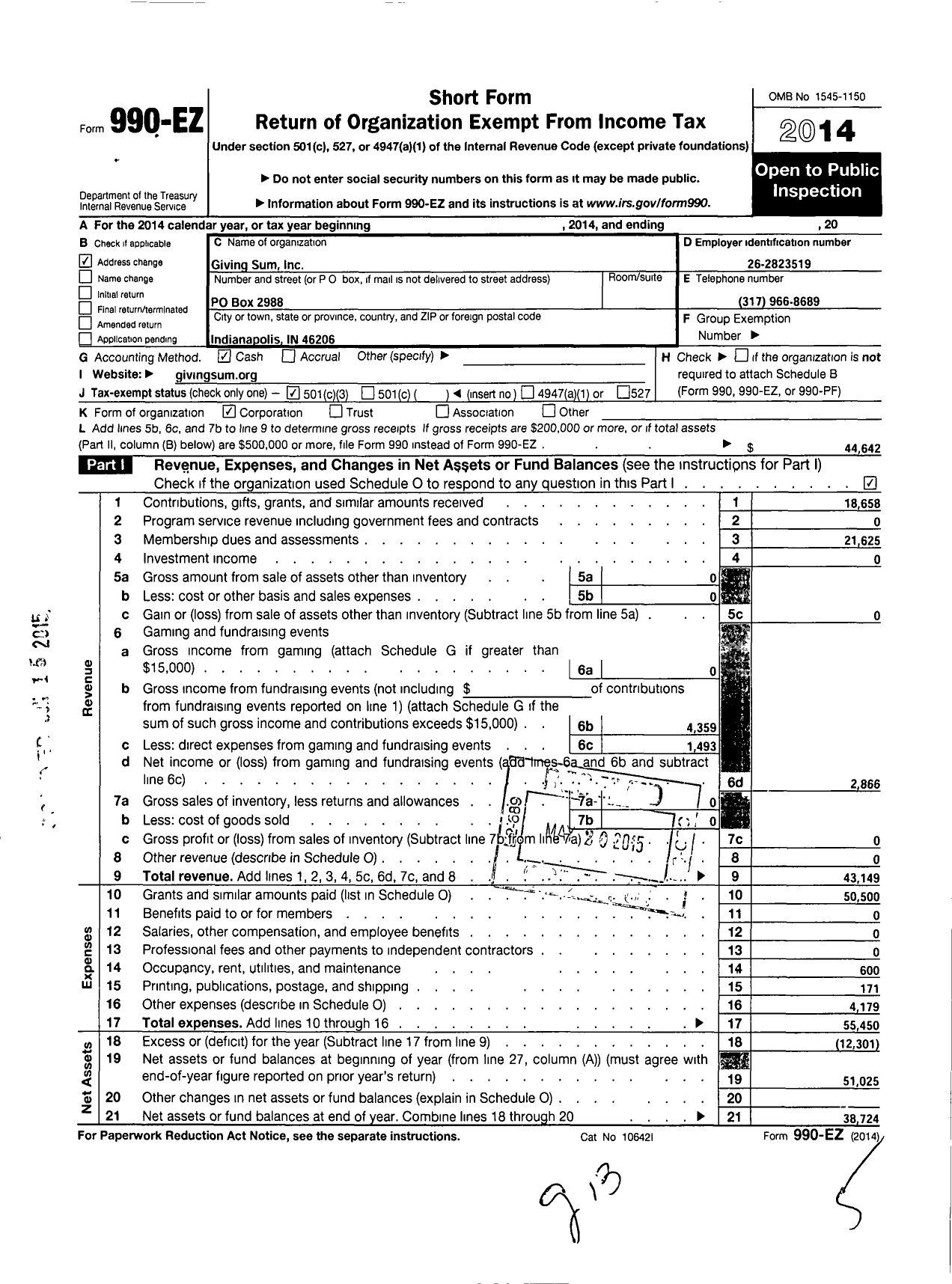 Image of first page of 2014 Form 990EZ for Giving Sum