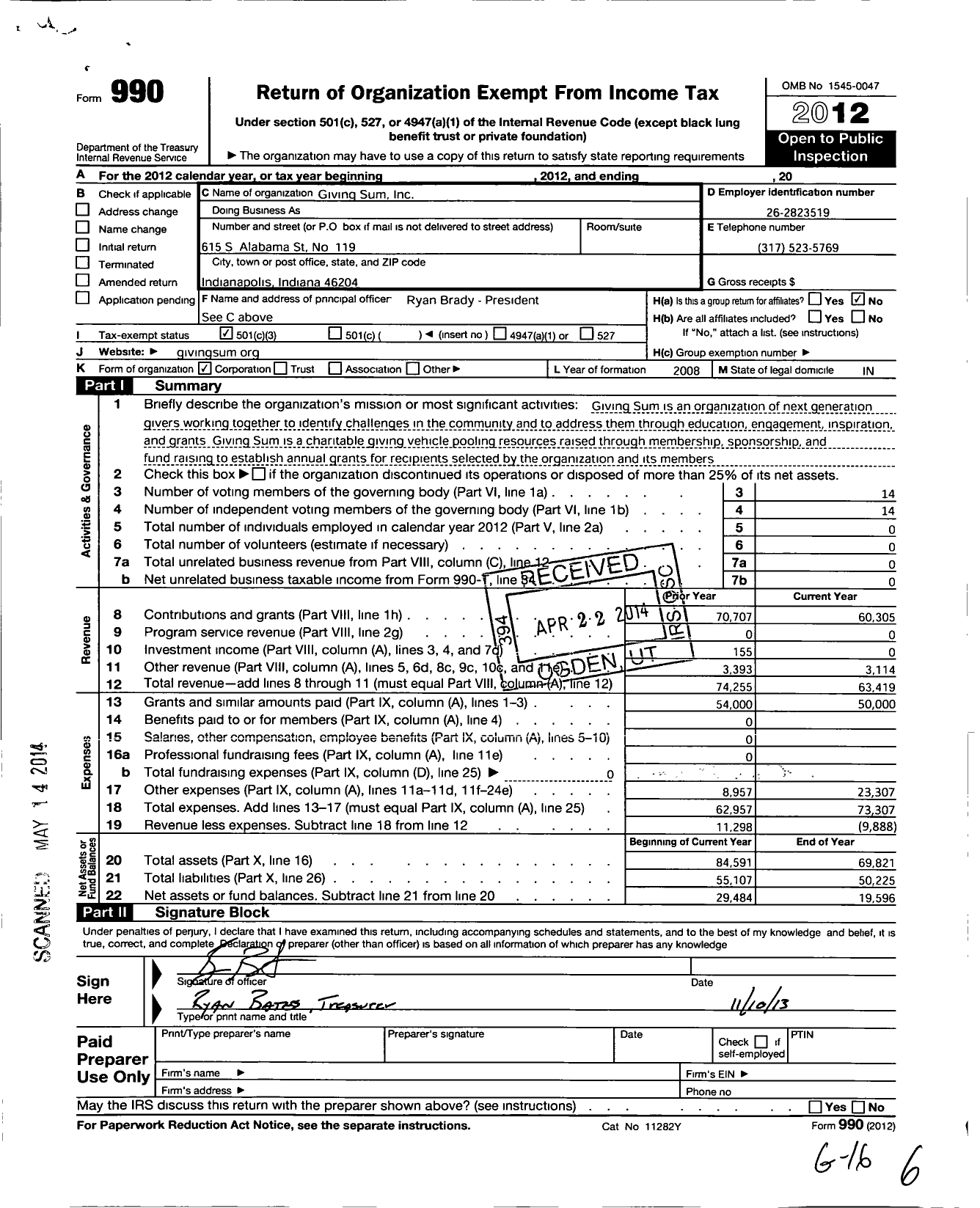 Image of first page of 2012 Form 990 for Giving Sum