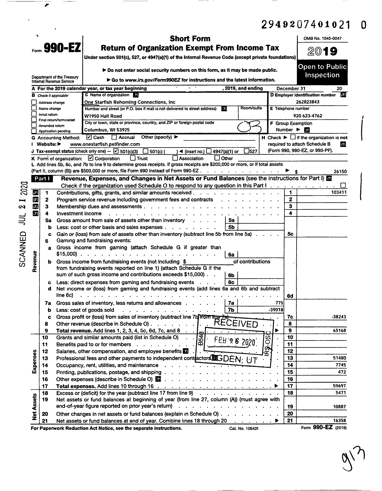 Image of first page of 2020 Form 990EZ for One Starfish Rehoming Connections