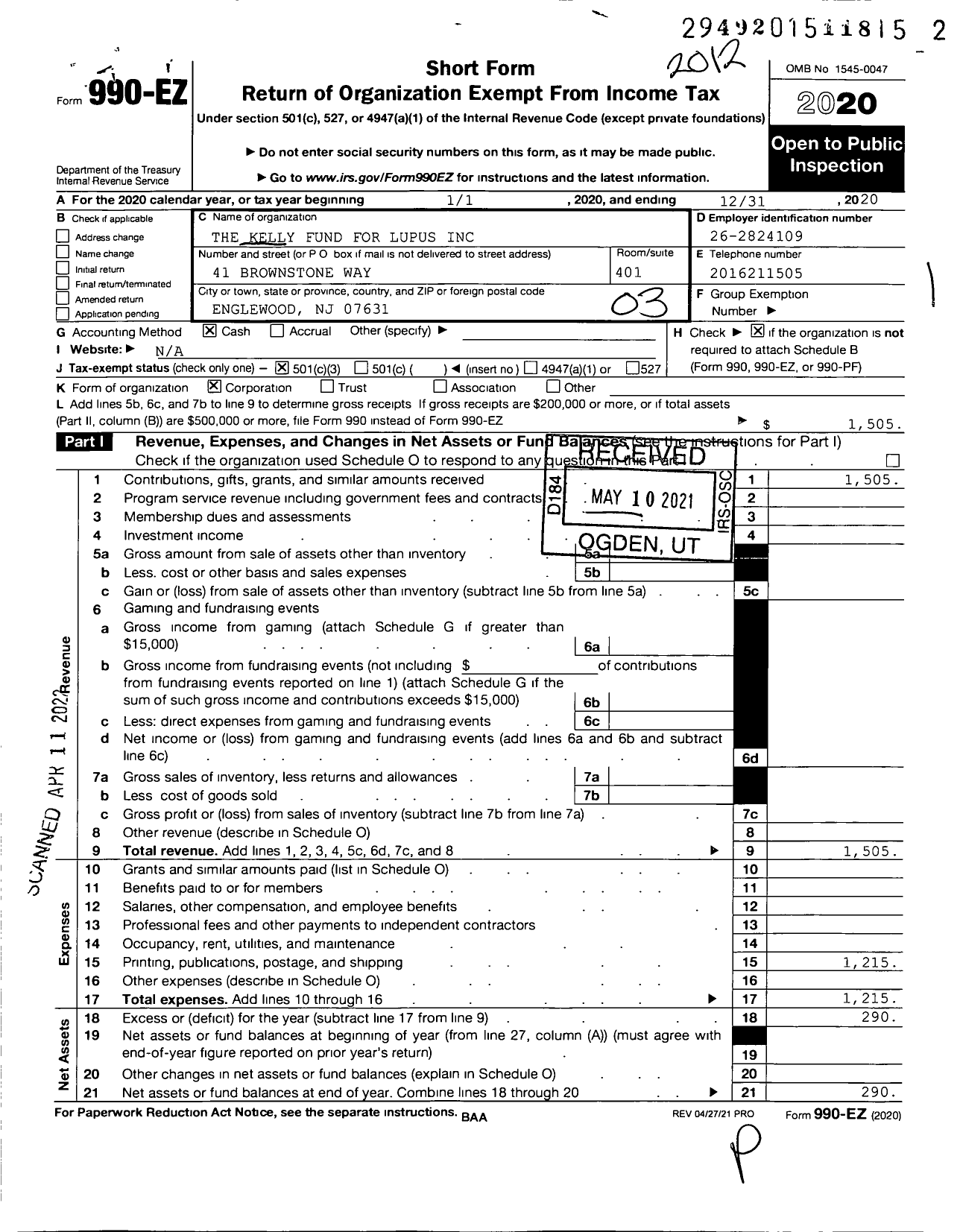 Image of first page of 2020 Form 990EZ for The Kelly Fund for Lupus