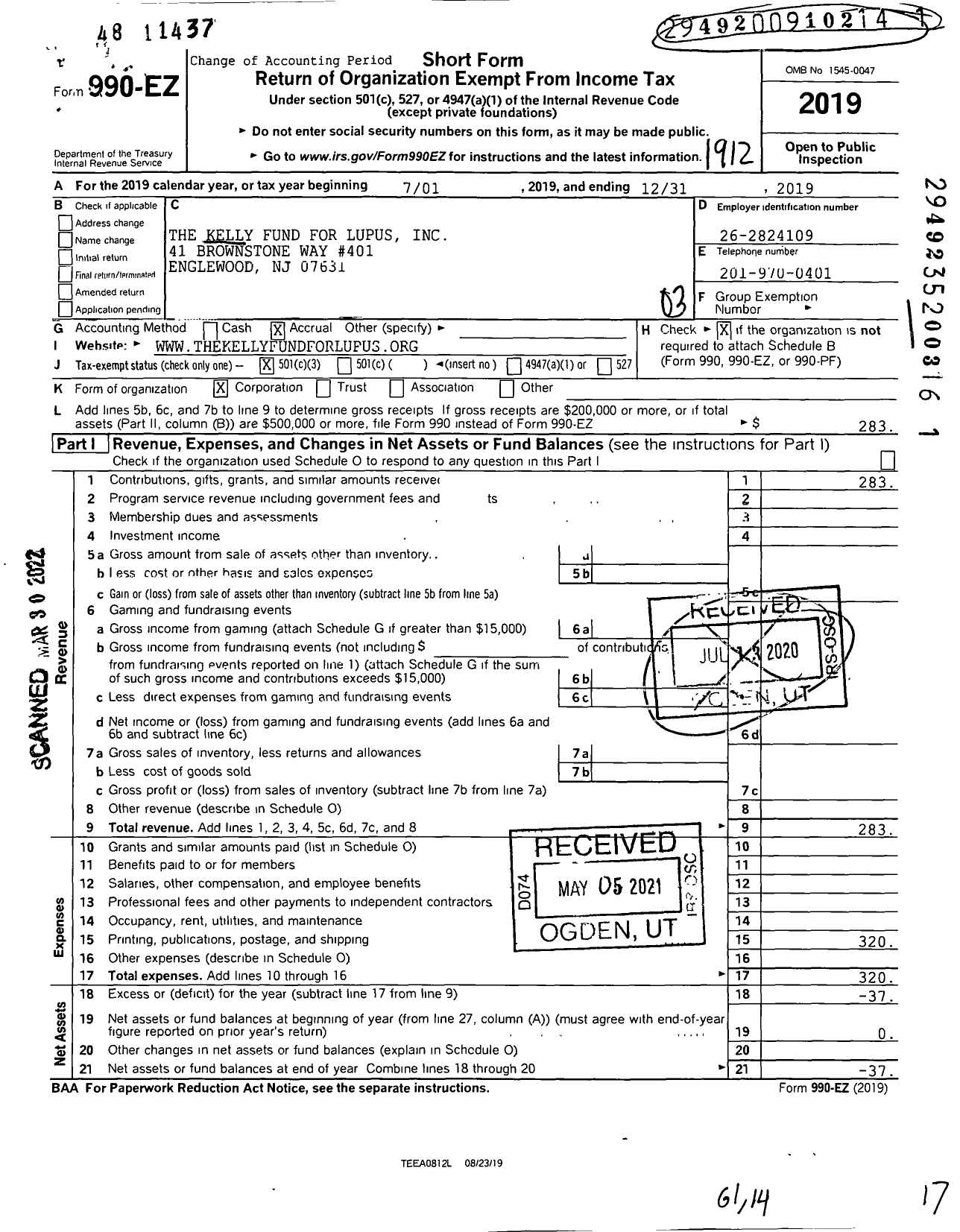 Image of first page of 2019 Form 990EZ for The Kelly Fund for Lupus