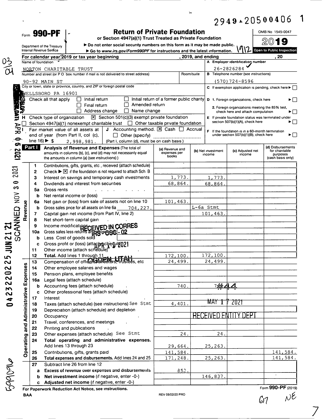 Image of first page of 2019 Form 990PF for Norton Charitable Trust